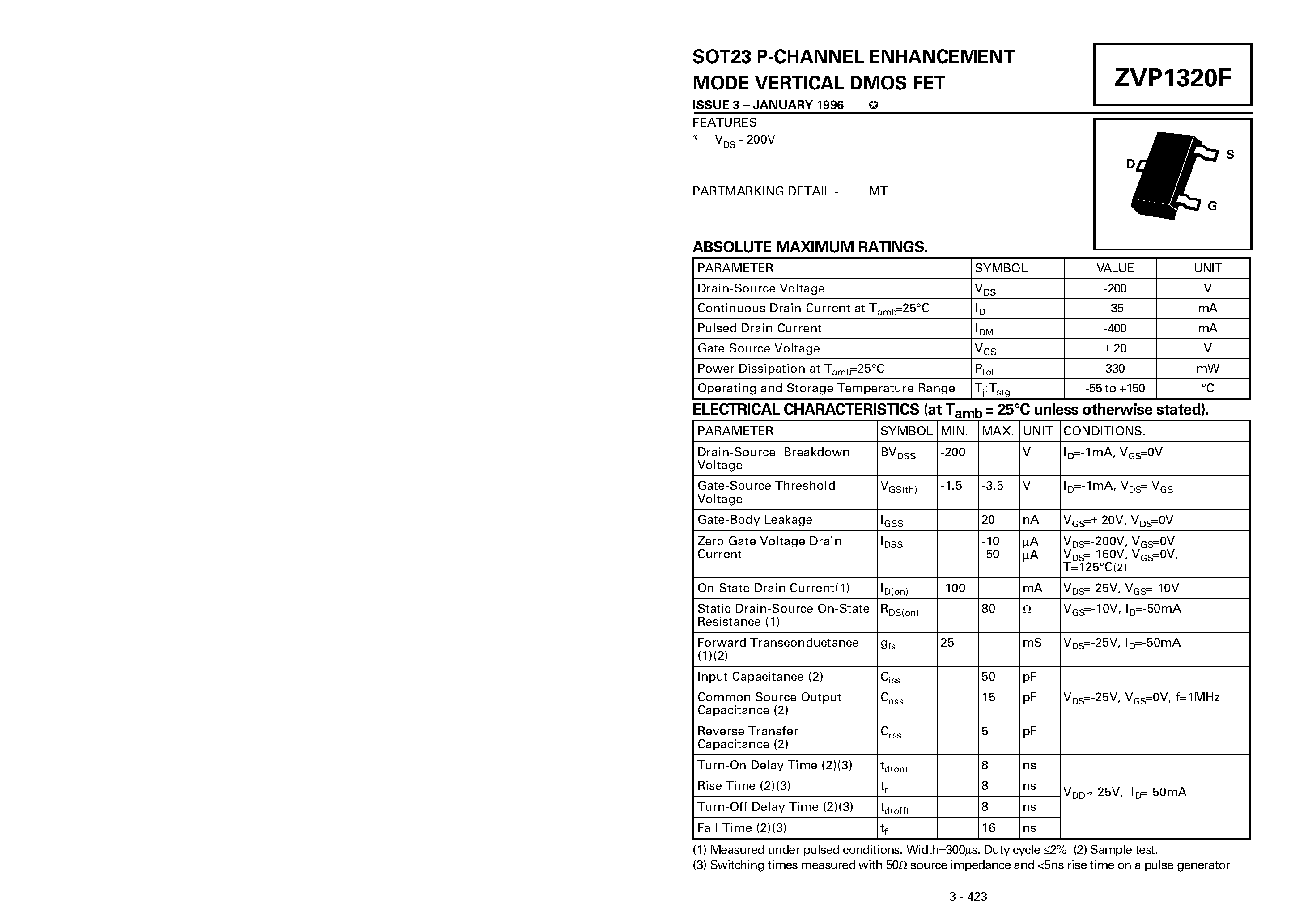 Datasheet ZVP1320F - P-CHANNEL ENHANCEMENT MODE VERTICAL DMOS FET page 1