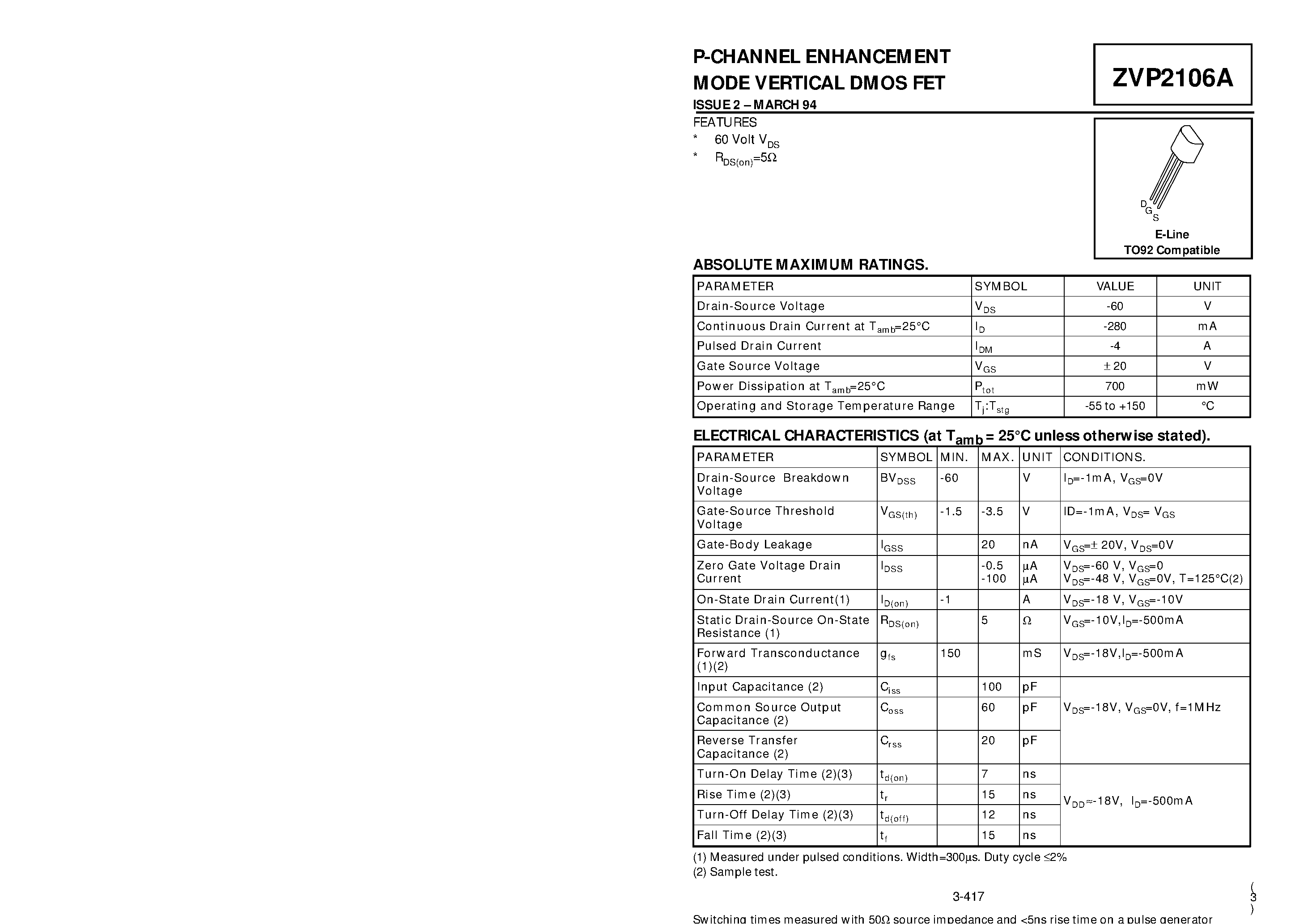 Даташит ZVP2106A - P-CHANNEL ENHANCEMENT MODE VERTICAL DMOS FET страница 1