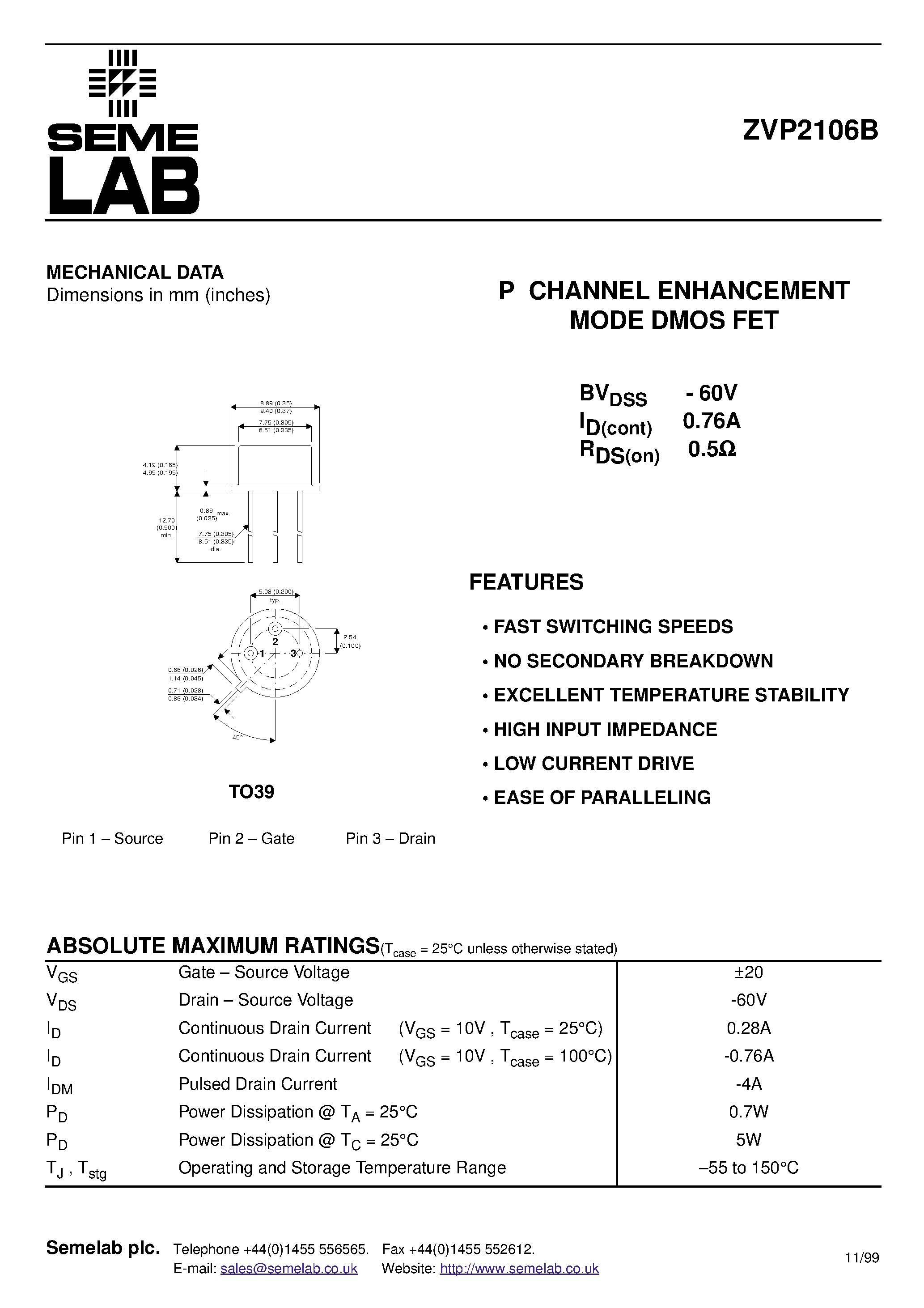 Datasheet ZVP2106B - P CHANNEL ENHANCEMENT MODE DMOS FET page 1