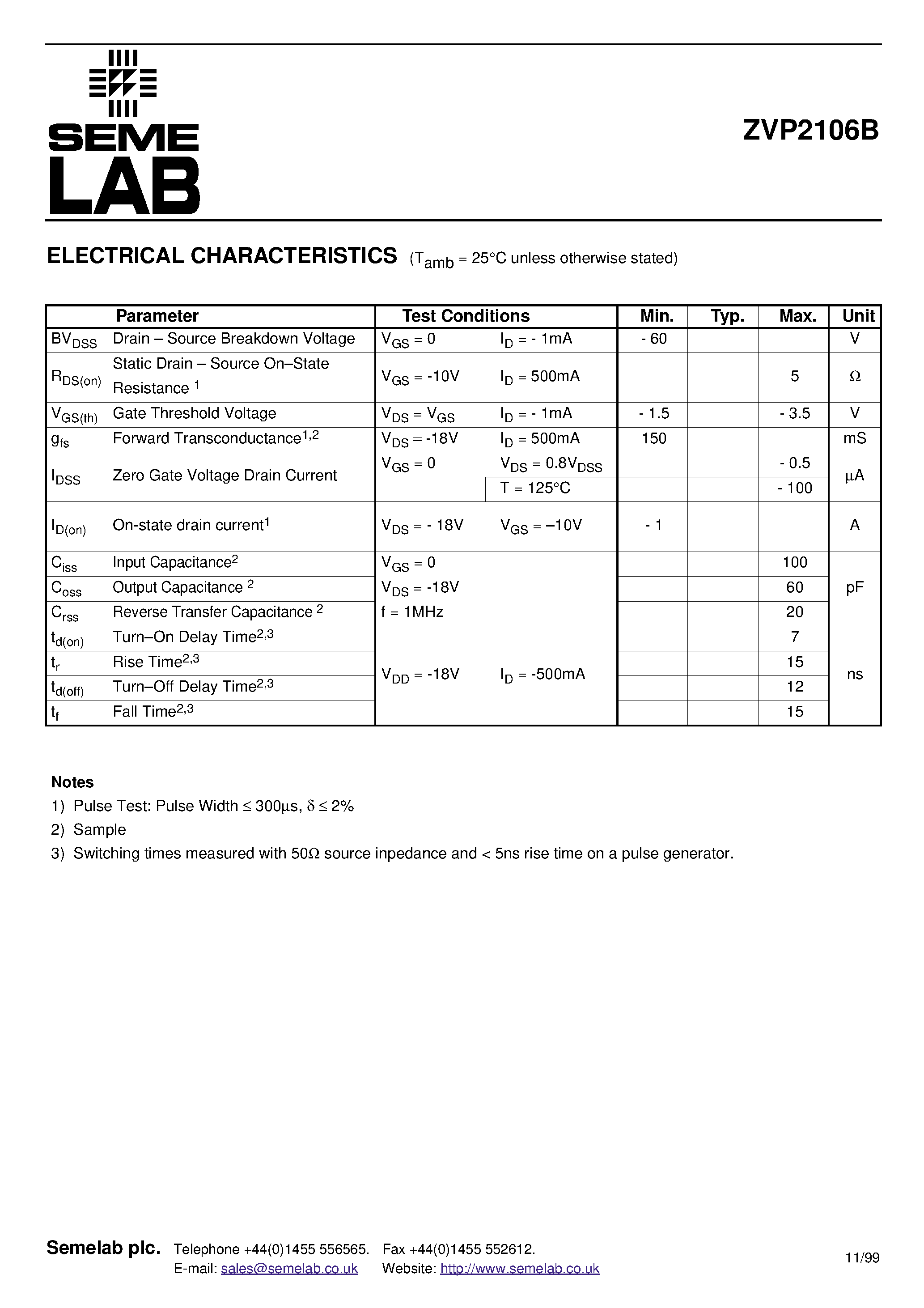 Datasheet ZVP2106B - P CHANNEL ENHANCEMENT MODE DMOS FET page 2