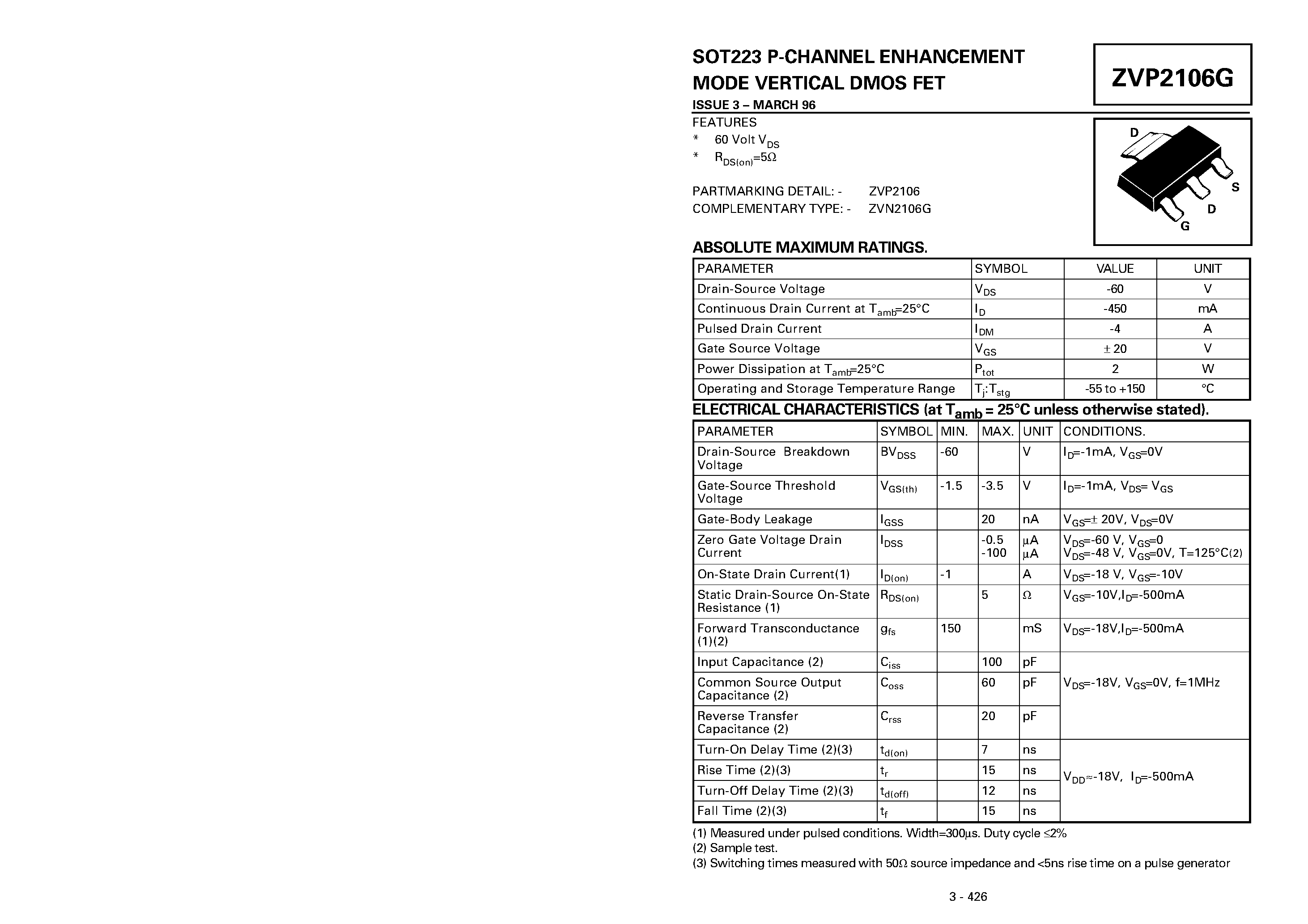 Datasheet ZVP2106G - P-CHANNEL ENHANCEMENT MODE VERTICAL DMOS FET page 1