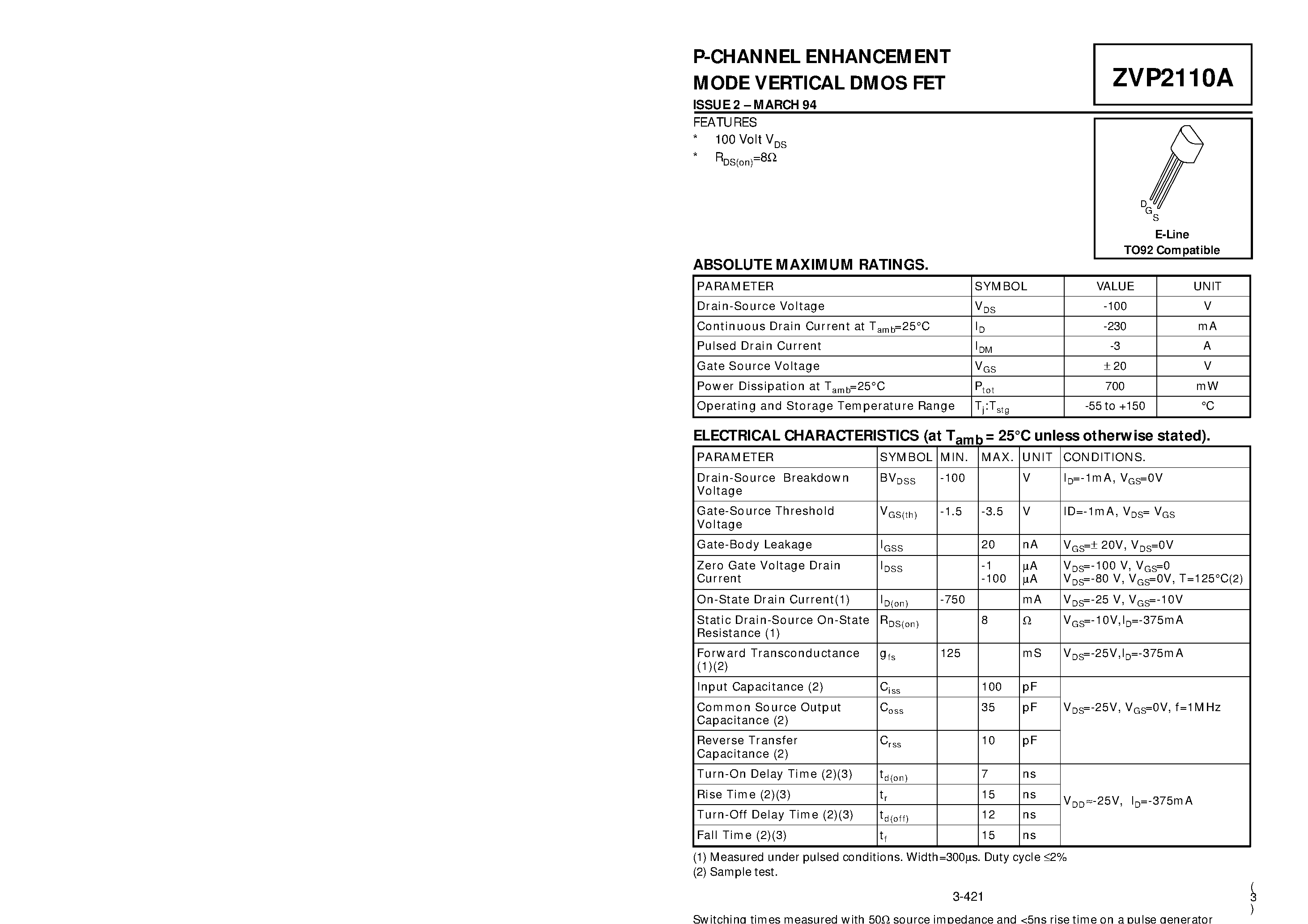 Datasheet ZVP2110 - P-CHANNEL ENHANCEMENT MODE VERTICAL DMOS FET page 1
