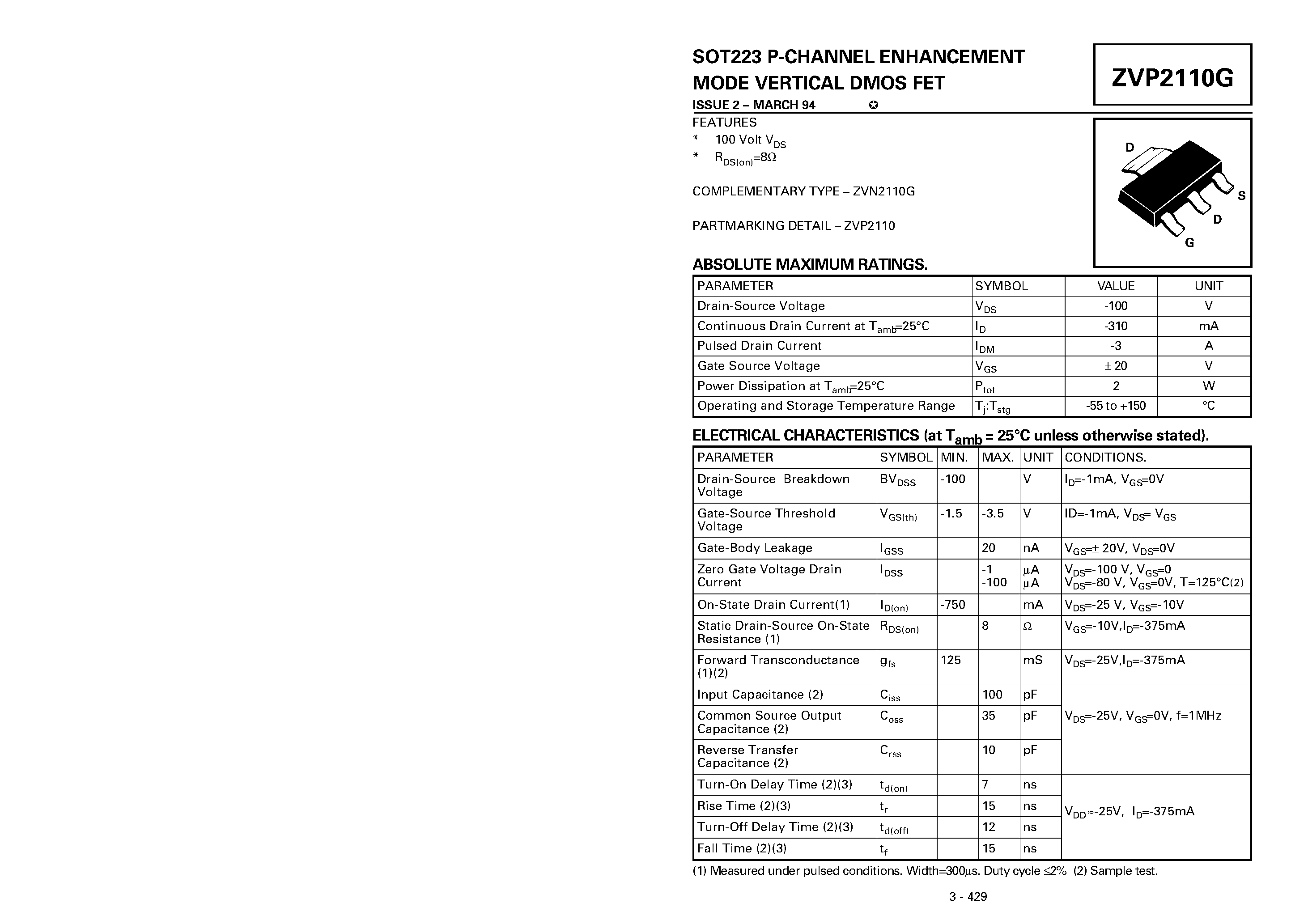 Datasheet ZVP2110G - P-CHANNEL ENHANCEMENT MODE VERTICAL DMOS FET page 1