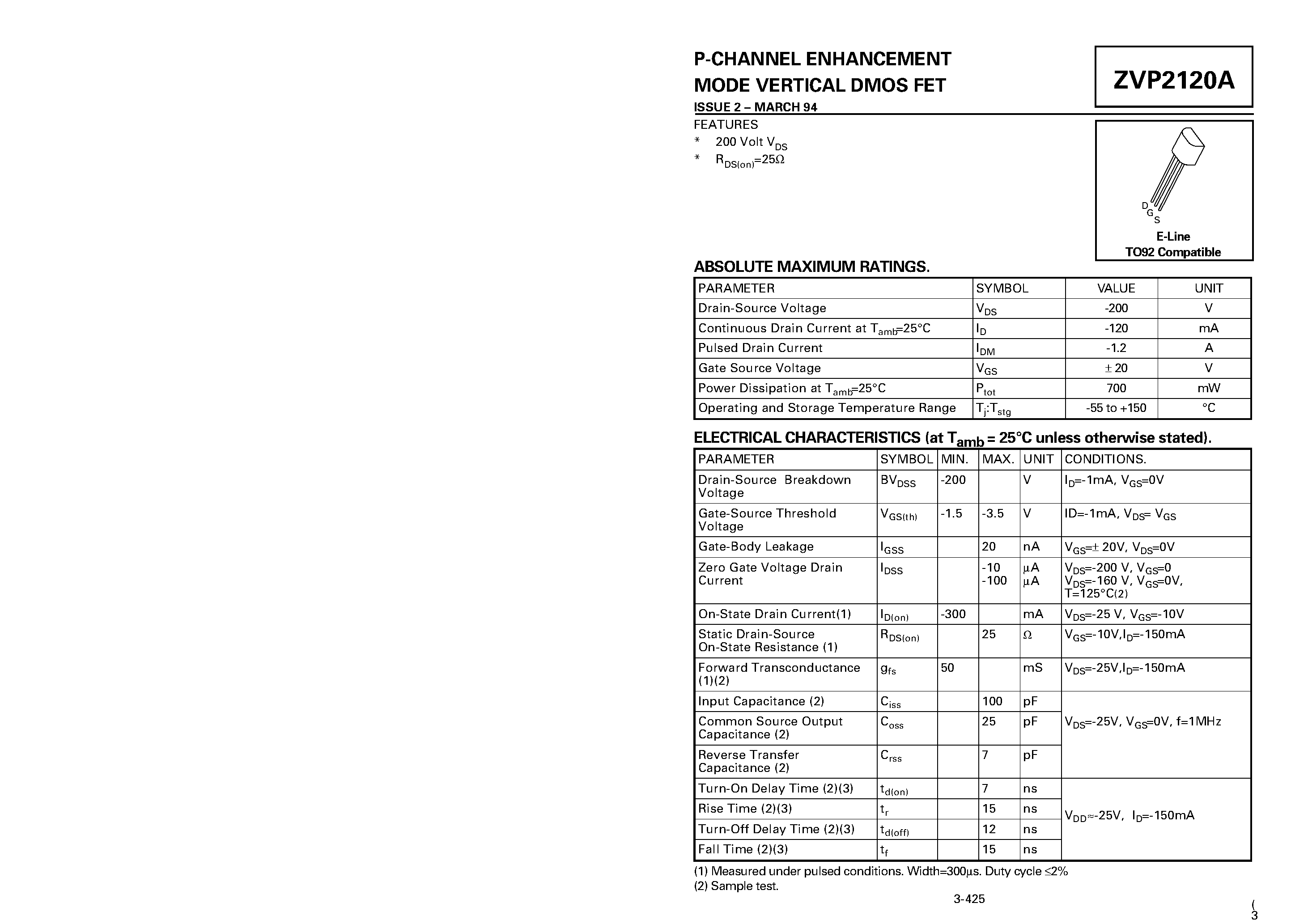 Даташит ZVP2120A - P-CHANNEL ENHANCEMENT MODE VERTICAL DMOS FET страница 1