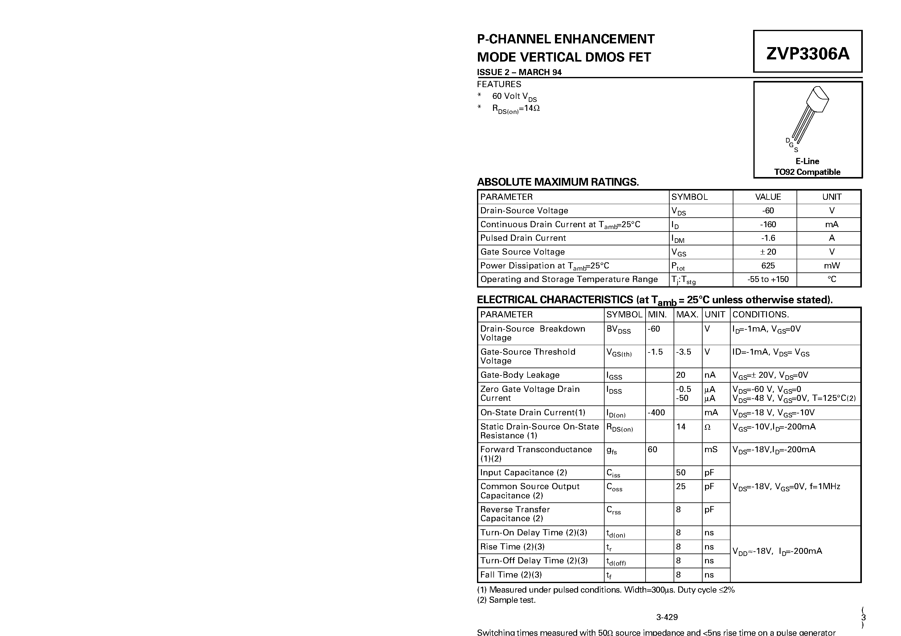 Даташит ZVP3306 - P-CHANNEL ENHANCEMENT MODE VERTICAL DMOS FET страница 1