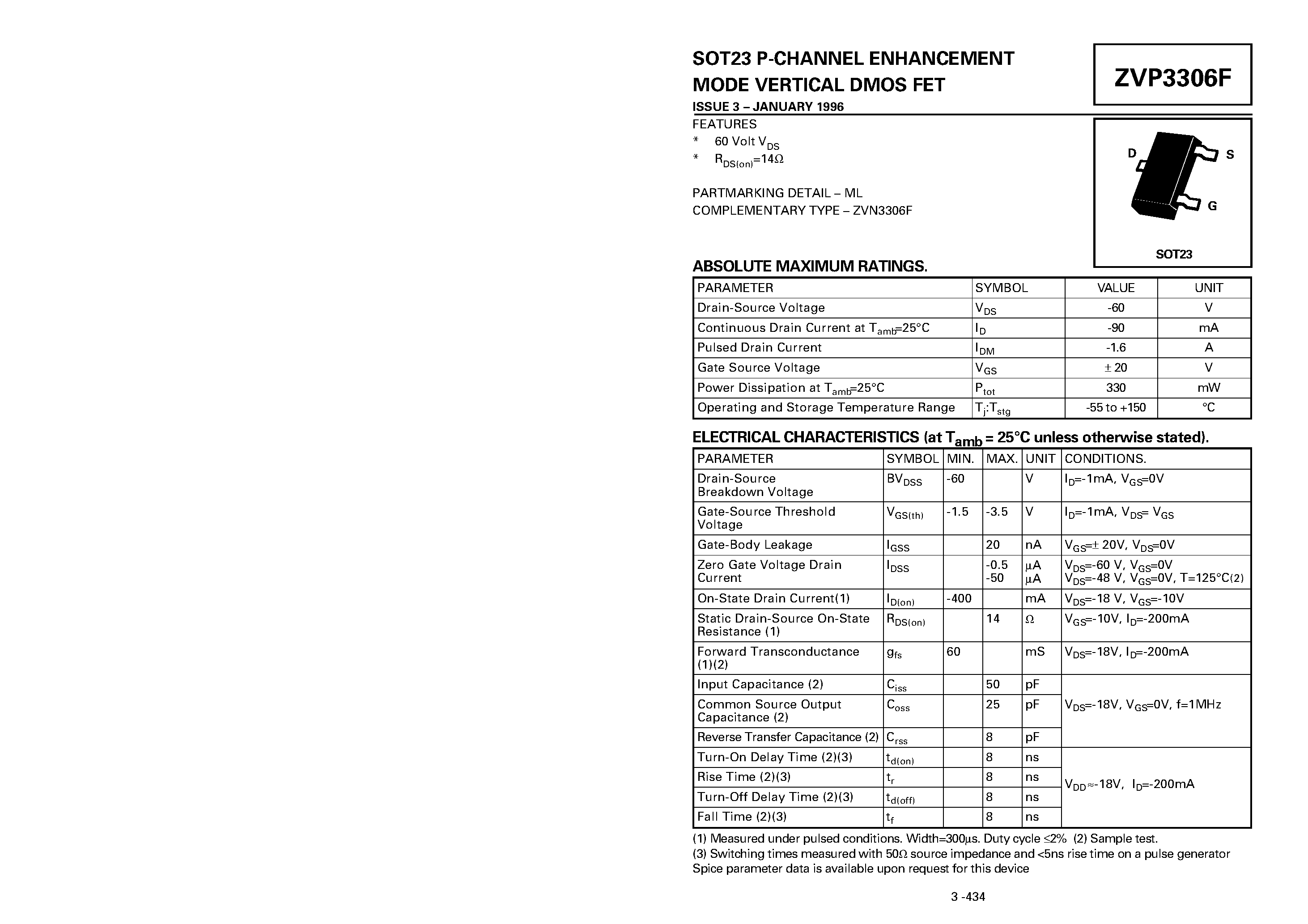 Datasheet ZVP3306F - P-CHANNEL ENHANCEMENT MODE VERTICAL DMOS FET page 1