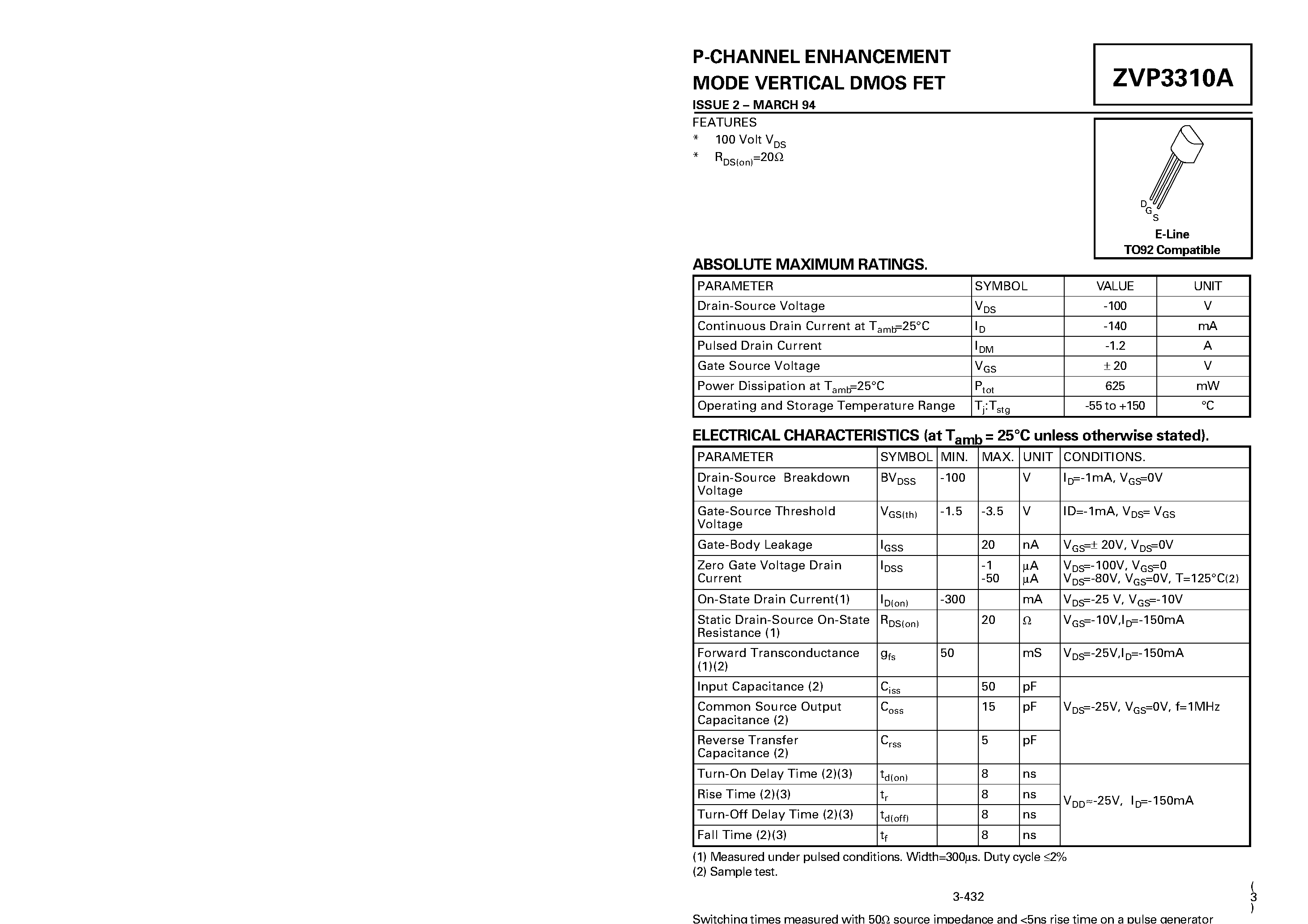 Datasheet ZVP3310 - P-CHANNEL ENHANCEMENT MODE VERTICAL DMOS FET page 1
