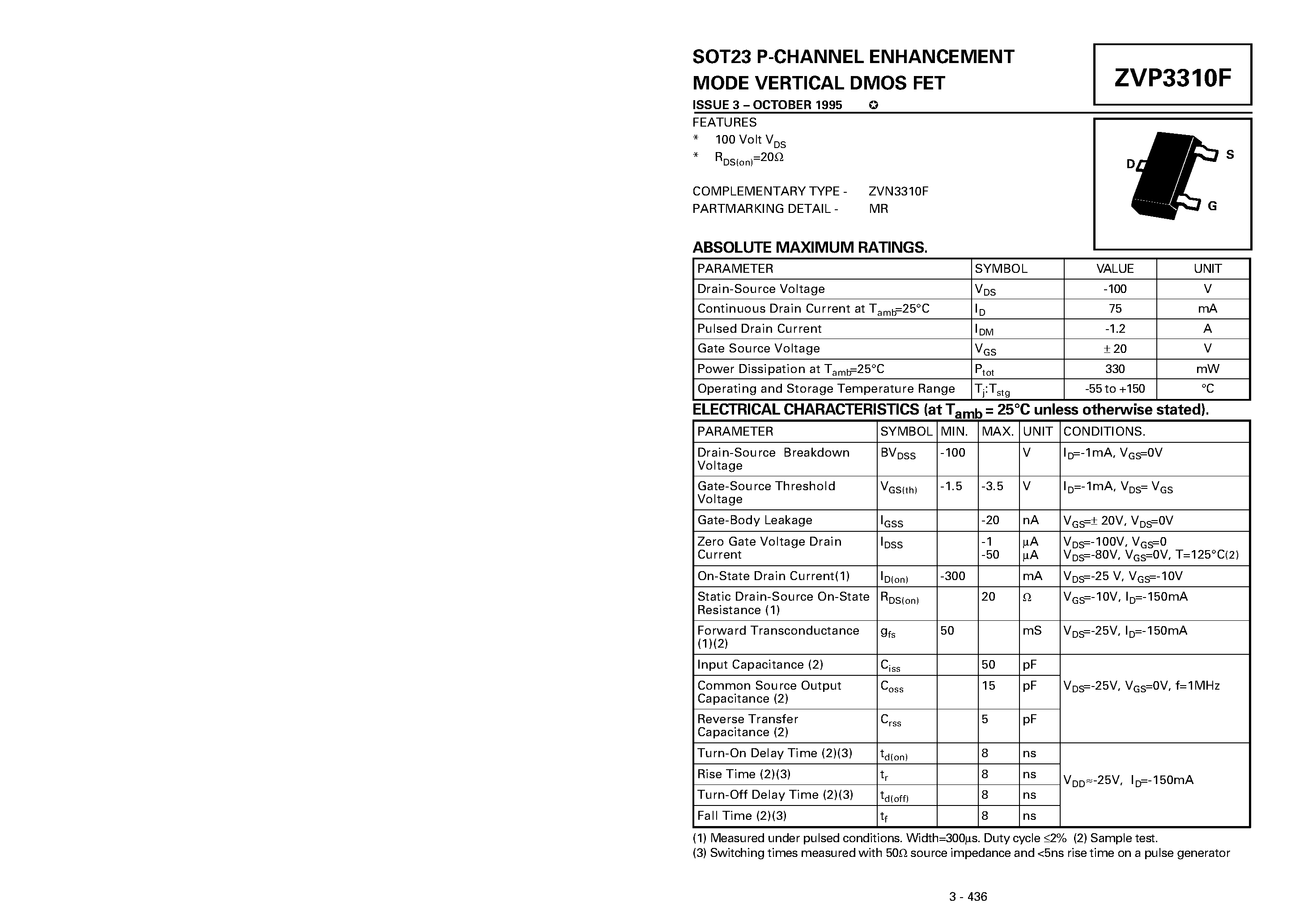 Datasheet ZVP3310F - P-CHANNEL ENHANCEMENT MODE VERTICAL DMOS FET page 1
