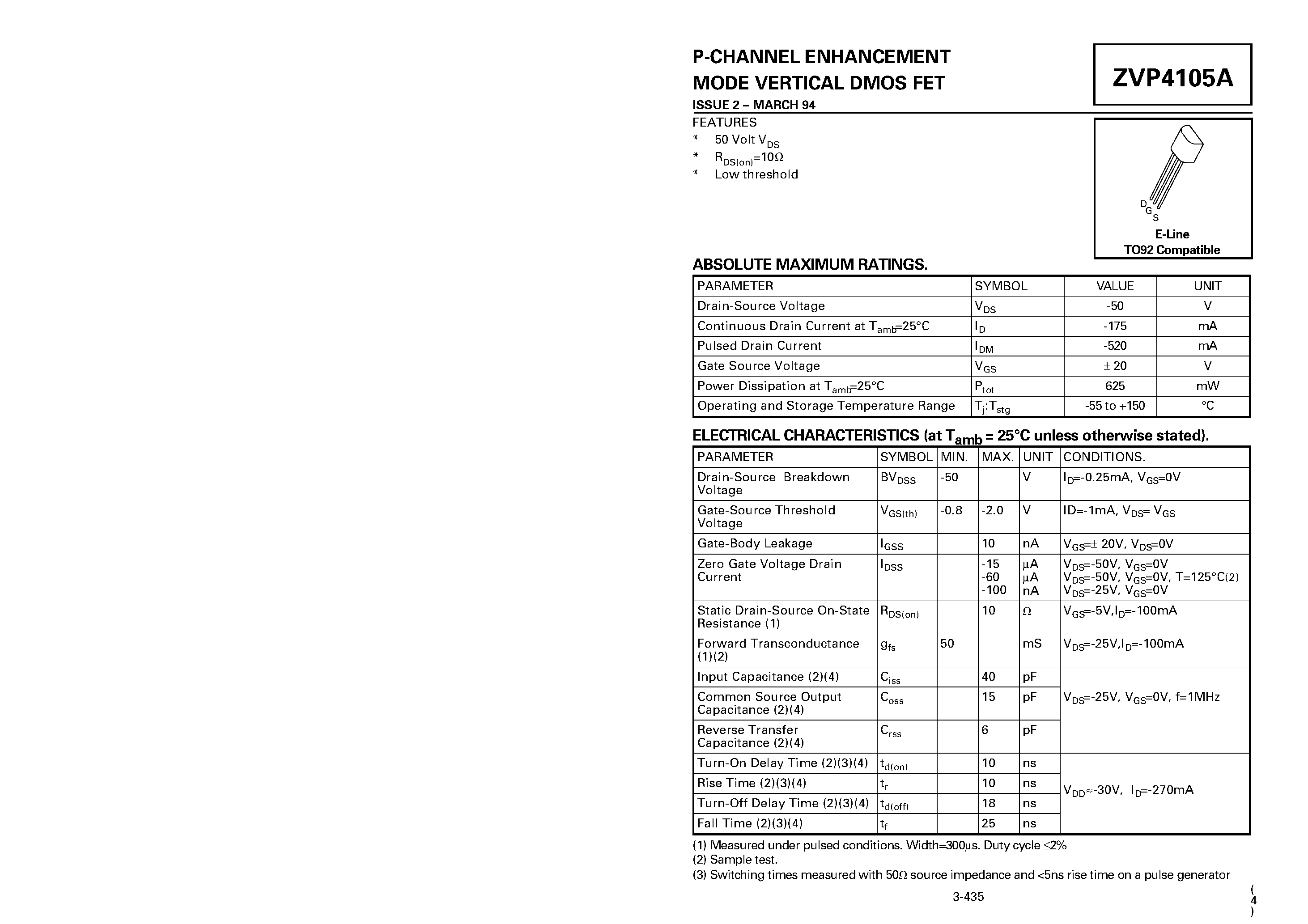 Datasheet ZVP4105 - P-CHANNEL ENHANCEMENT MODE VERTICAL DMOS FET page 1