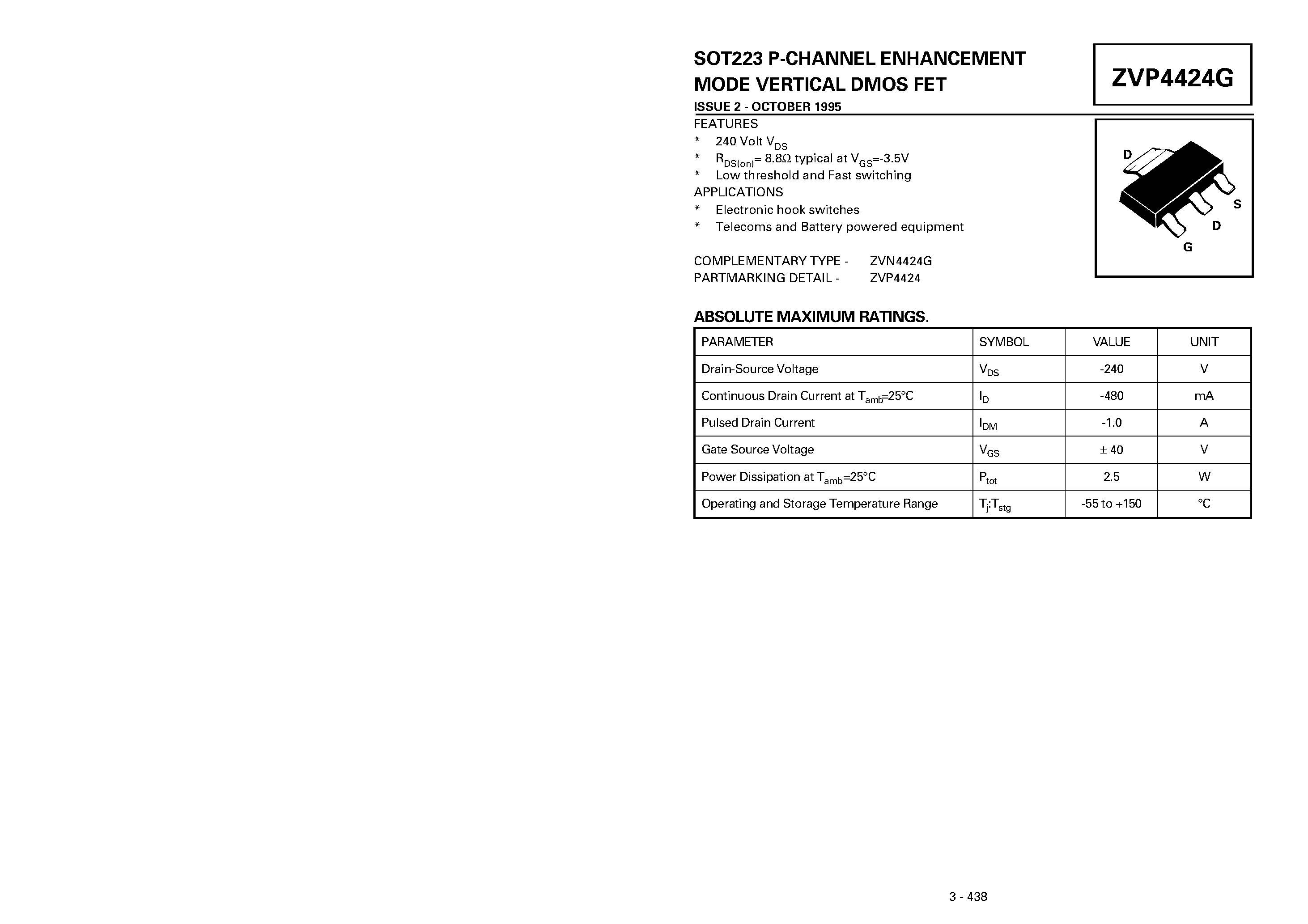 Datasheet ZVP4424G - P-CHANNEL ENHANCEMENT MODE VERTICAL DMOS FET page 1