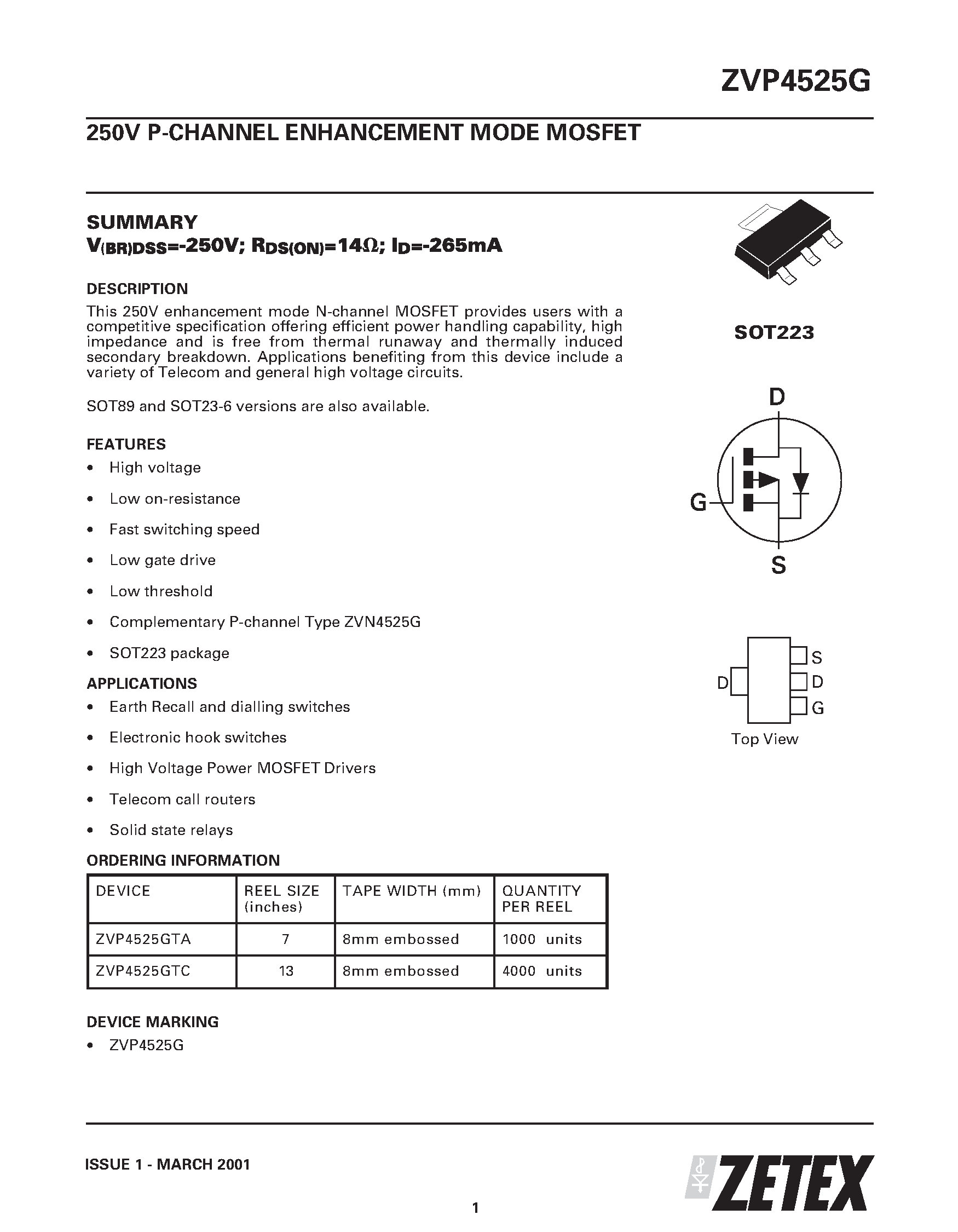 Datasheet ZVP4525 - 250V P-CHANNEL ENHANCEMENT MODE MOSFET page 1