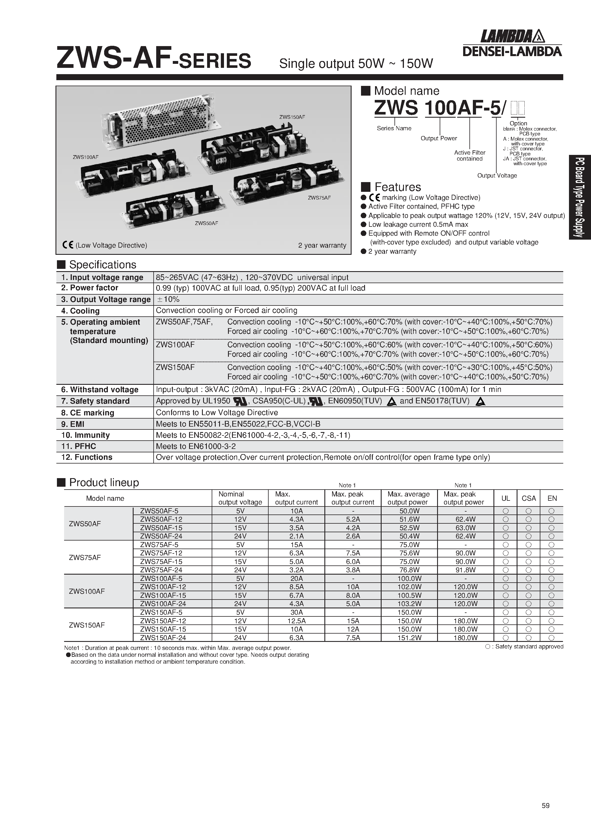 Datasheet ZWS75AF-5 - Single output 50W ~ 150W page 1
