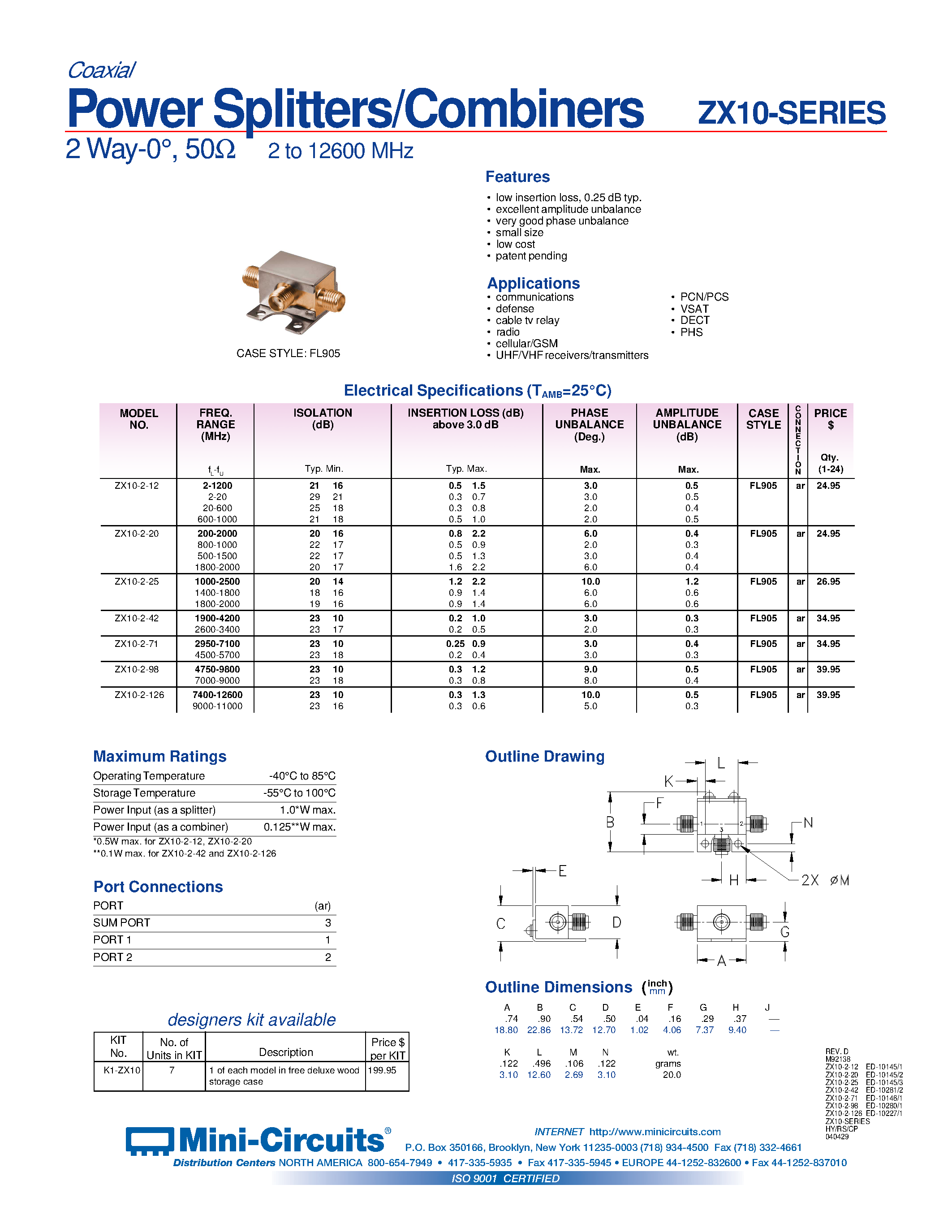 Даташит ZX10-2-126 - Power Splitters/Combiners 2 Way-0/ 50 2 to 12600 MHz страница 1