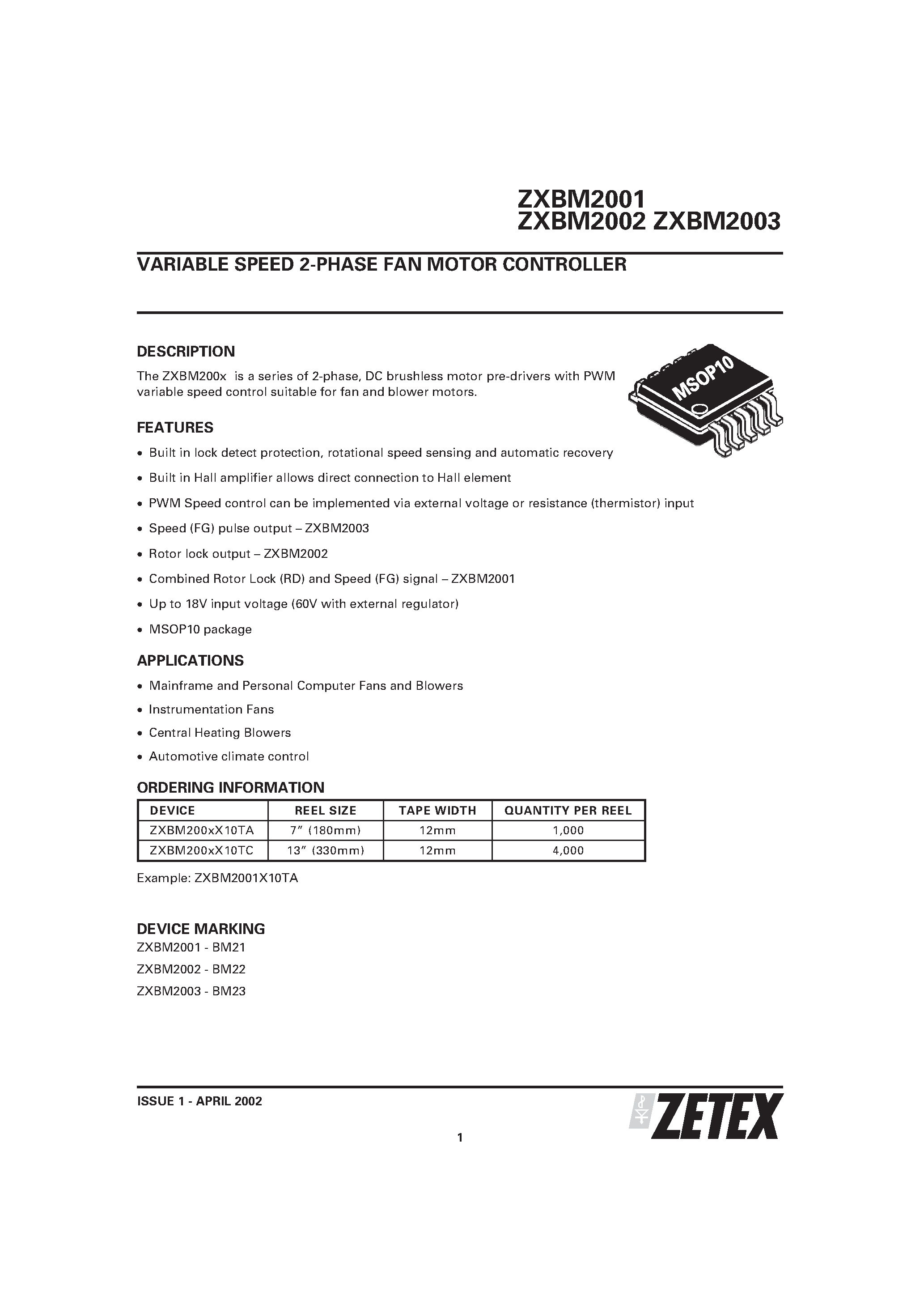 Даташит на микросхему ZXBM2003 страница 1 Даташит ZXBM2003 - VARIABLE SPEED 2-PHASE FAN MOTOR CONTROLLER страница 1