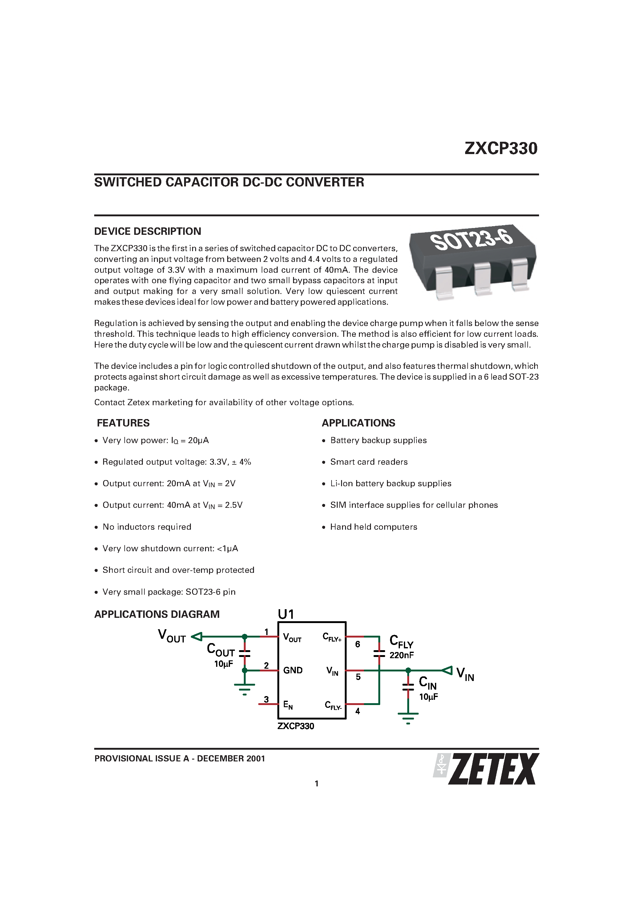 Даташит ZXCP330E6 - SWITCHED CAPACITOR DC-DC CONVERTER страница 1