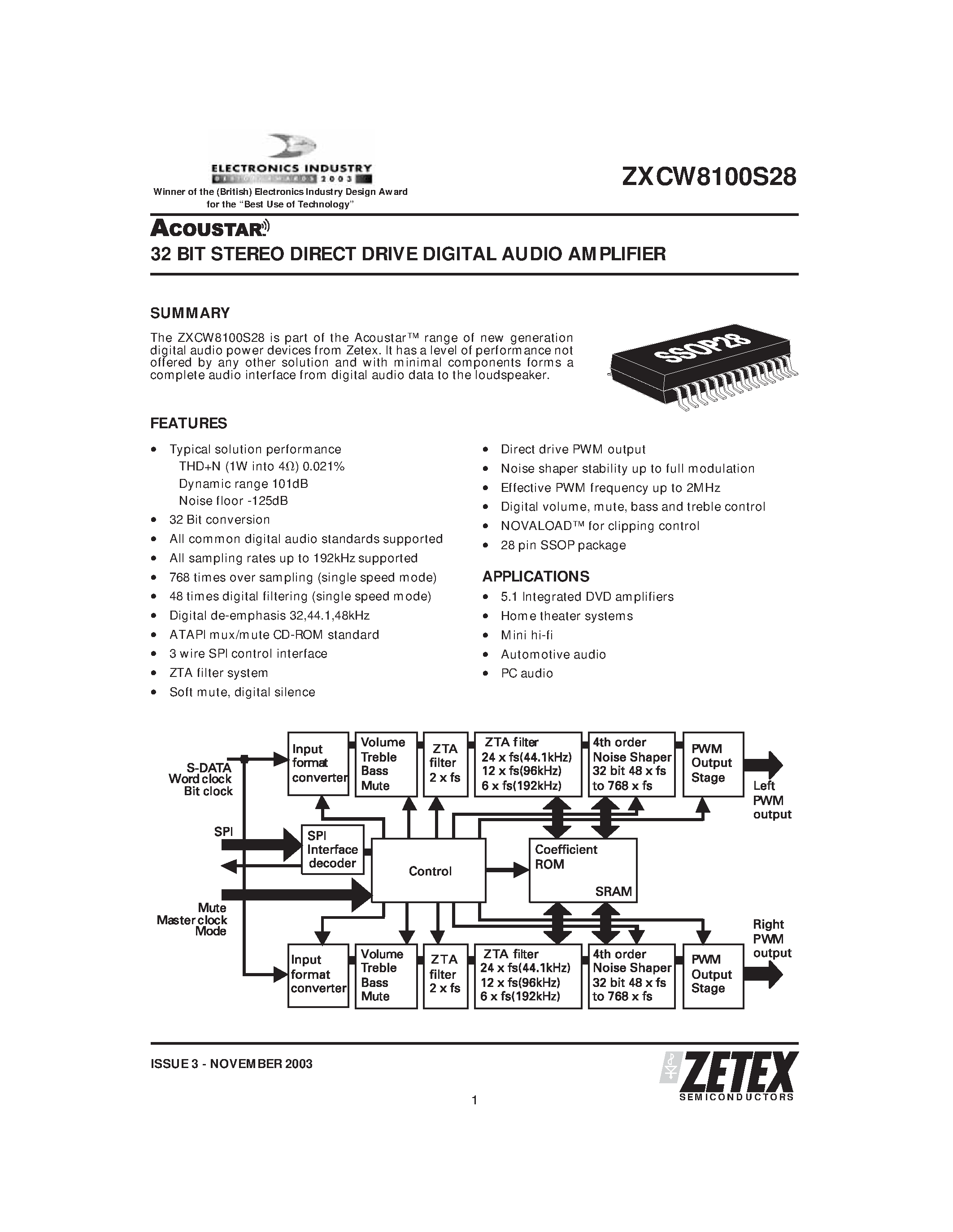 Даташит на микросхему ZXCW8100 страница 1 Даташит ZXCW8100 - 32 BIT STEREO DIRECT DRIVE DIGITAL AUDIO AMPLIFIER страница 1