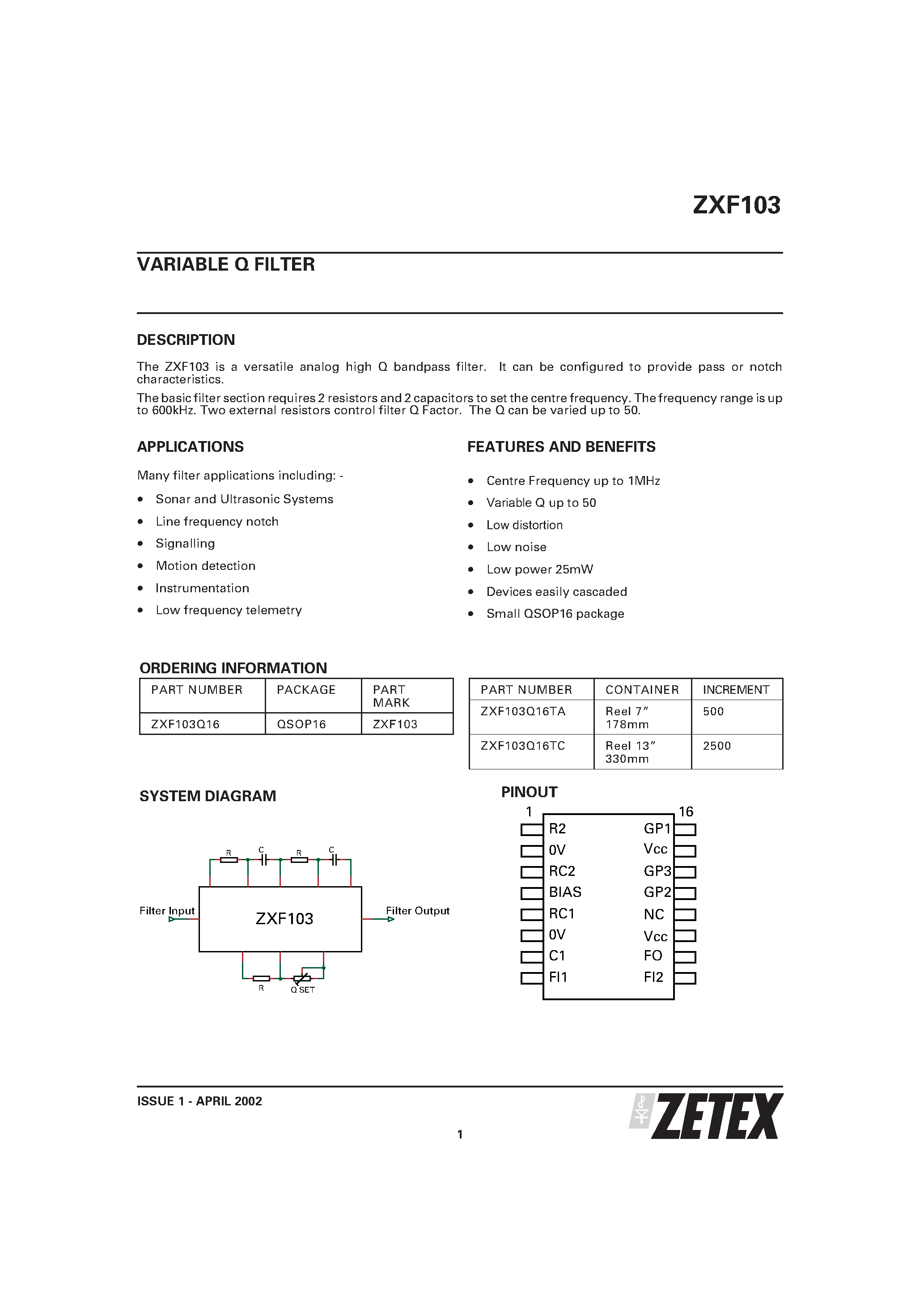Даташит ZXF103 - VARIABLE Q FILTER страница 1