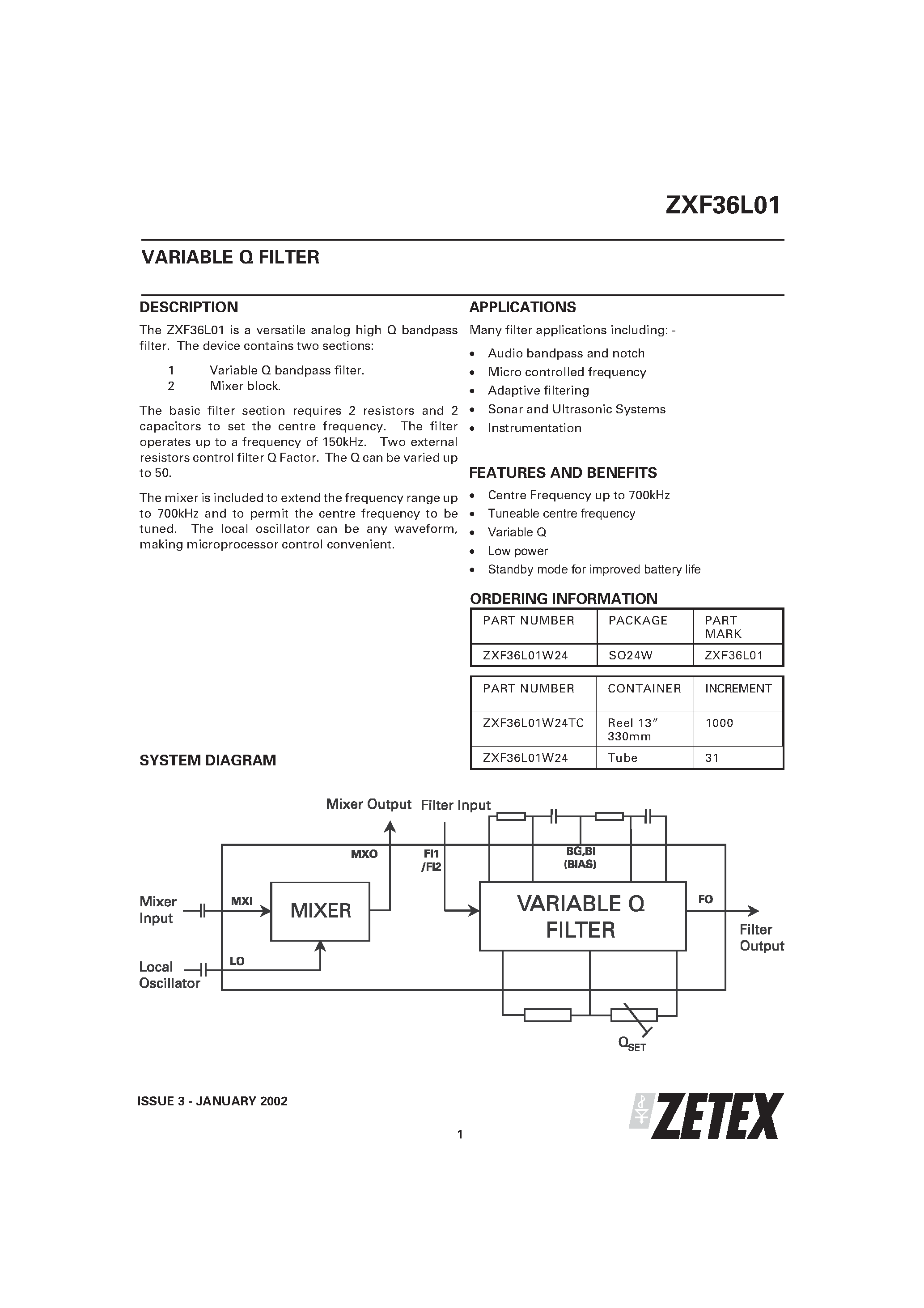 Даташит ZXF36L01 - VARIABLE Q FILTER страница 1