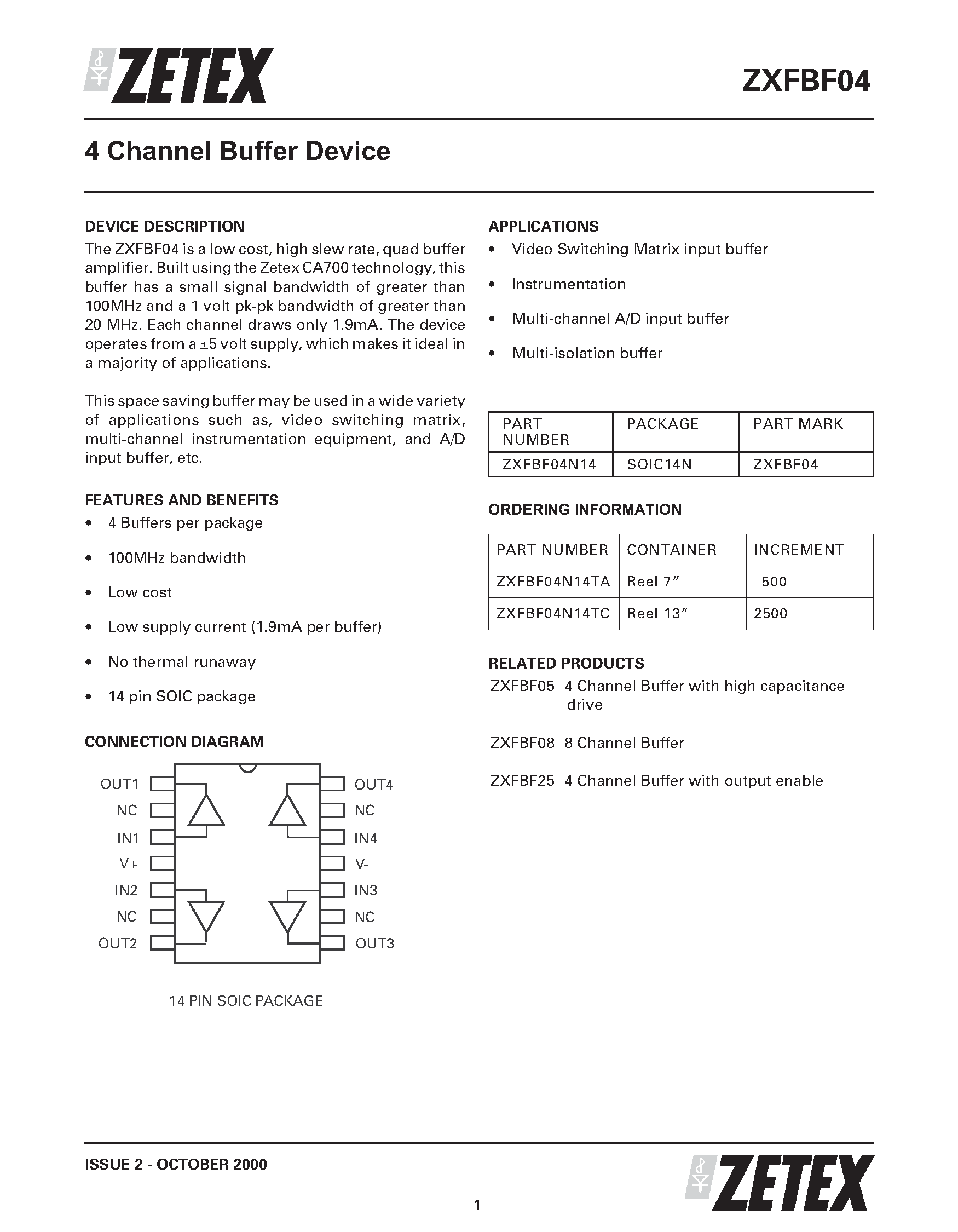 Datasheet ZXFBF04 page 1 Datasheet ZXFBF04 - 4 Channel Buffer Device page 1