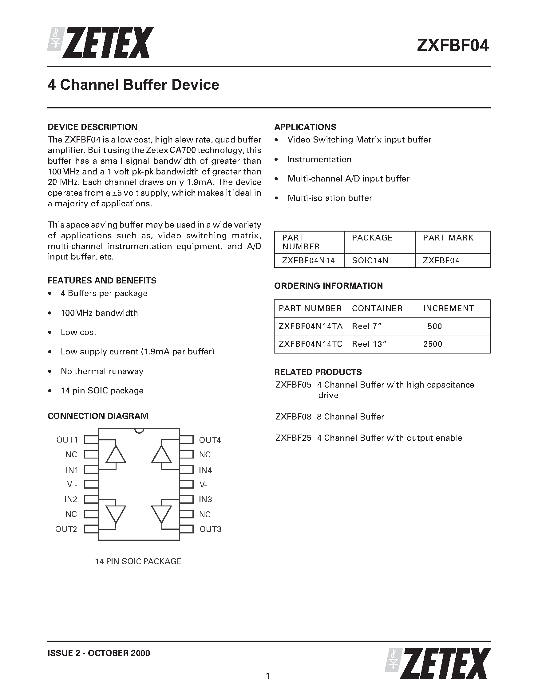 Даташит ZXFBF04 - 4 Channel Buffer Device страница 1