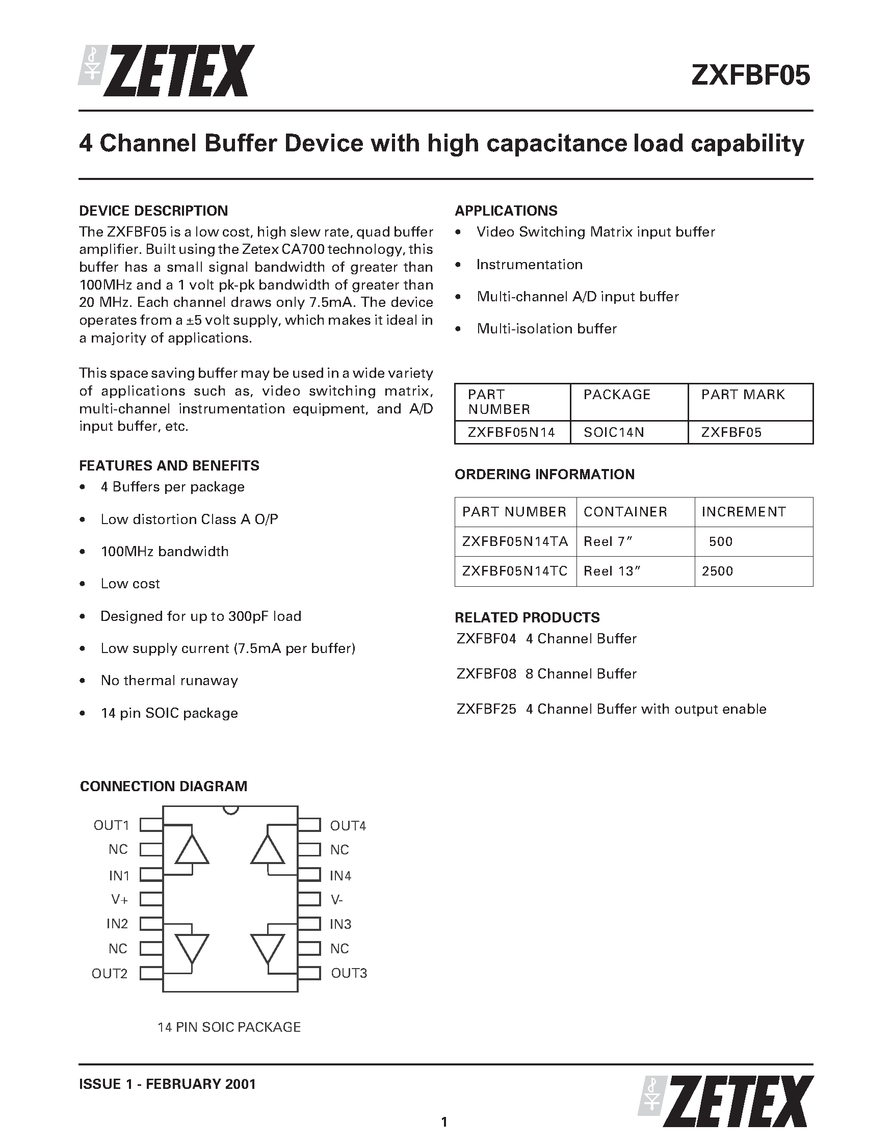 Даташит ZXFBF05 - 4 Channel Buffer Device with high capacitance load capability страница 1
