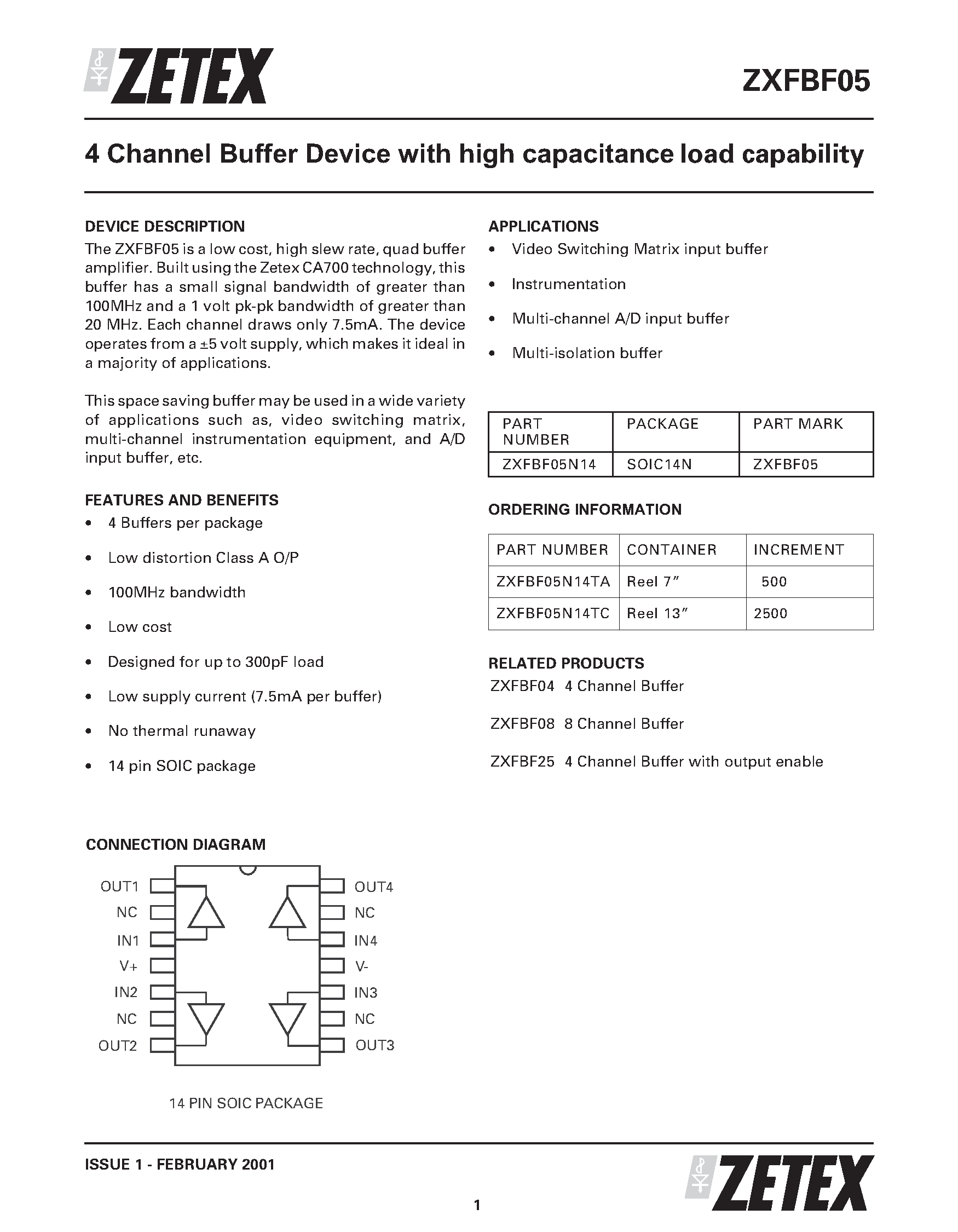 Datasheet ZXFBF05N14 - 4 Channel Buffer Device with high capacitance load capability page 1