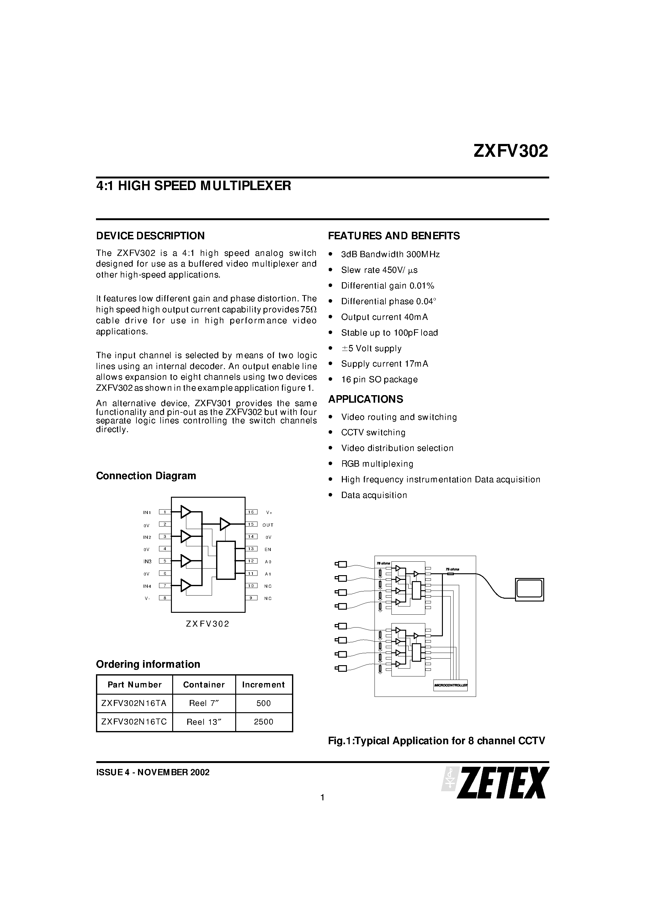 Datasheet ZXFV302 - 4:1 HIGH SPEED MULTIPLEXER page 1