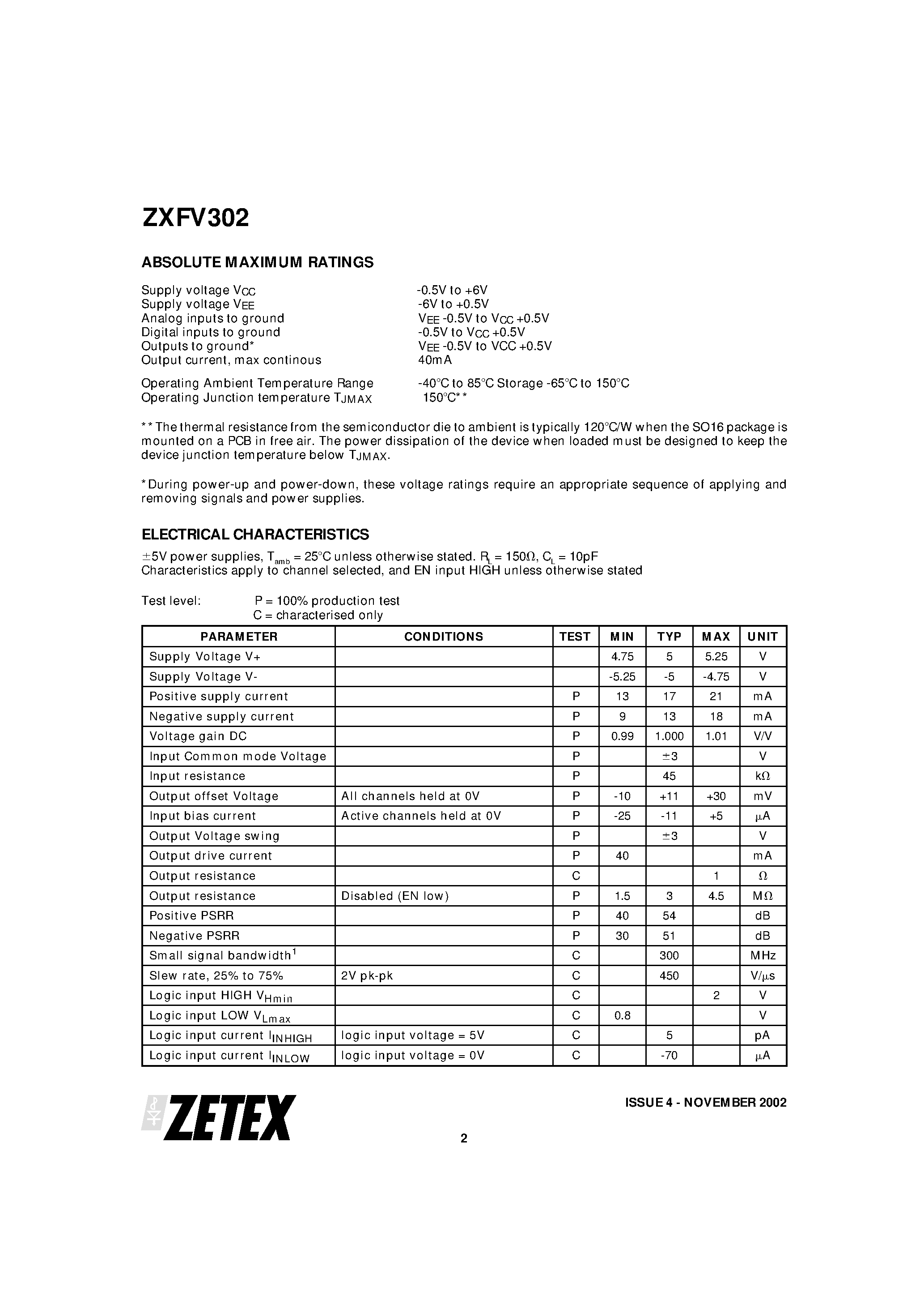 Datasheet ZXFV302 - 4:1 HIGH SPEED MULTIPLEXER page 2
