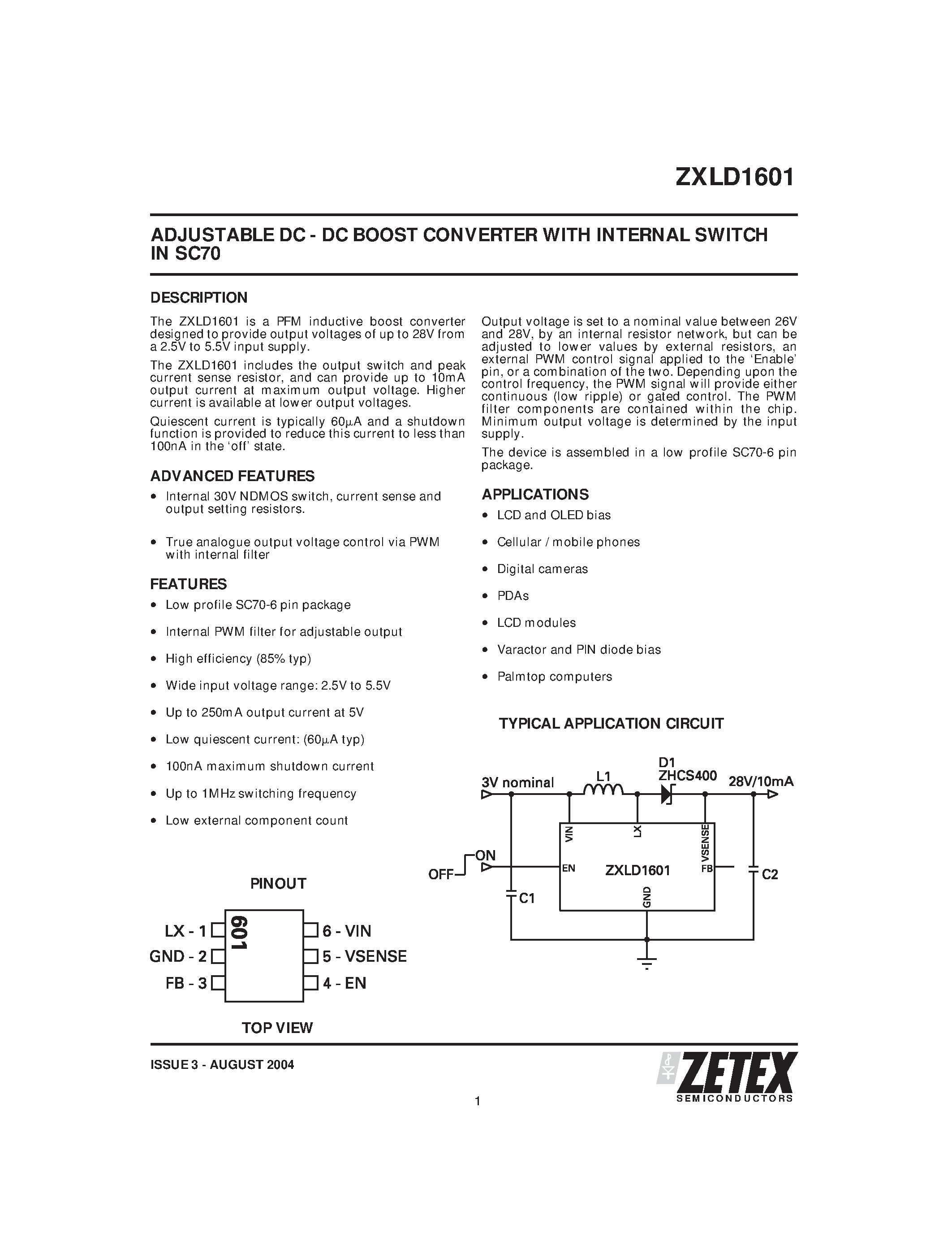 Даташит ZXLD1601 - ADJUSTABLE DC - DC BOOST CONVERTER WITH INTERNAL SWITCH IN SC70 страница 1