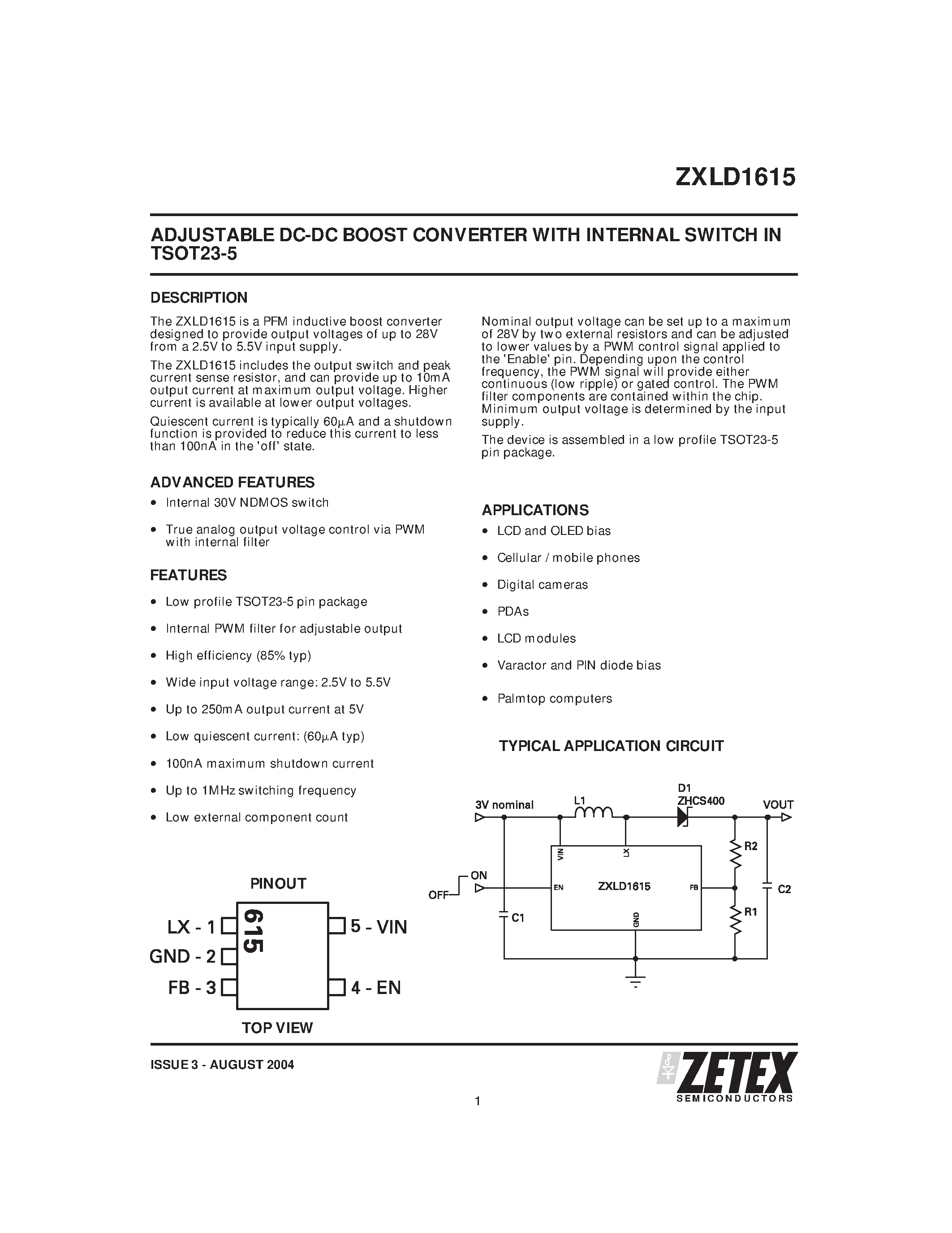 Datasheet ZXLD1615 - ADJUSTABLE DC-DC BOOST CONVERTER WITH INTERNAL SWITCH IN TSOT23-5 page 1