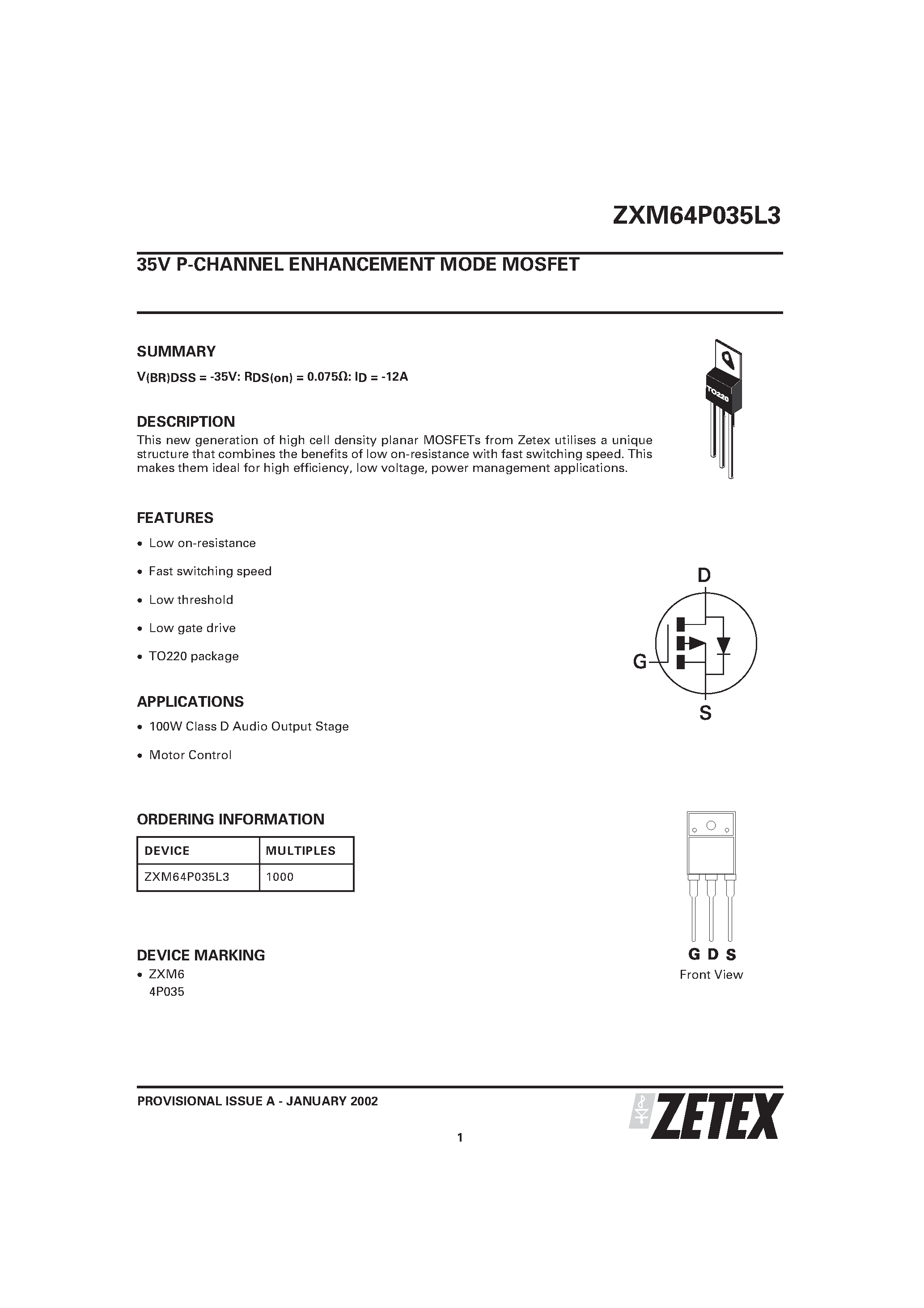 Даташит на микросхему ZXM64P035 страница 1 Даташит ZXM64P035 - 35V P-CHANNEL ENHANCEMENT MODE MOSFET страница 1