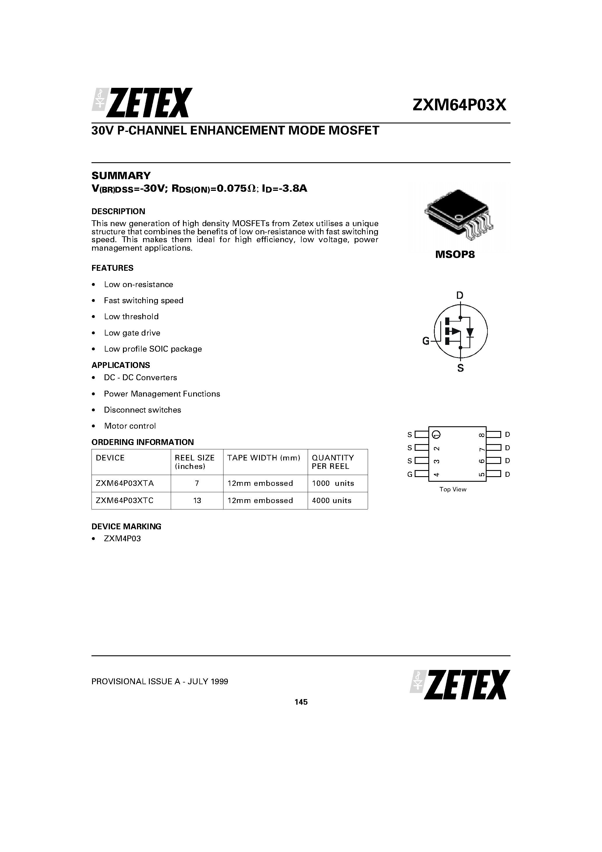 Даташит на микросхему ZXM64P03X страница 1 Даташит ZXM64P03X - 30V P-CHANNEL ENHANCEMENT MODE MOSFET страница 1