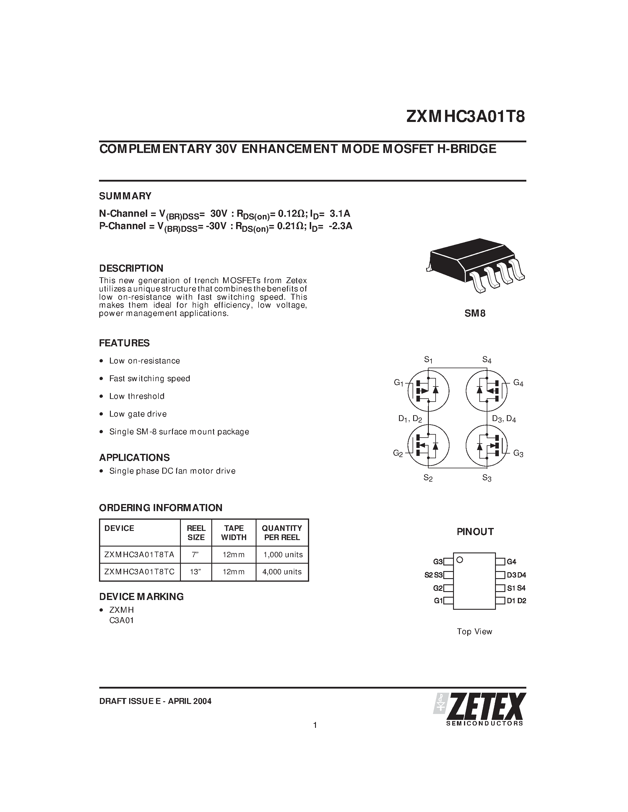Даташит ZXMHC3A01T8 - COMPLEMENTARY 30V ENHANCEMENT MODE MOSFET H-BRIDGE страница 1