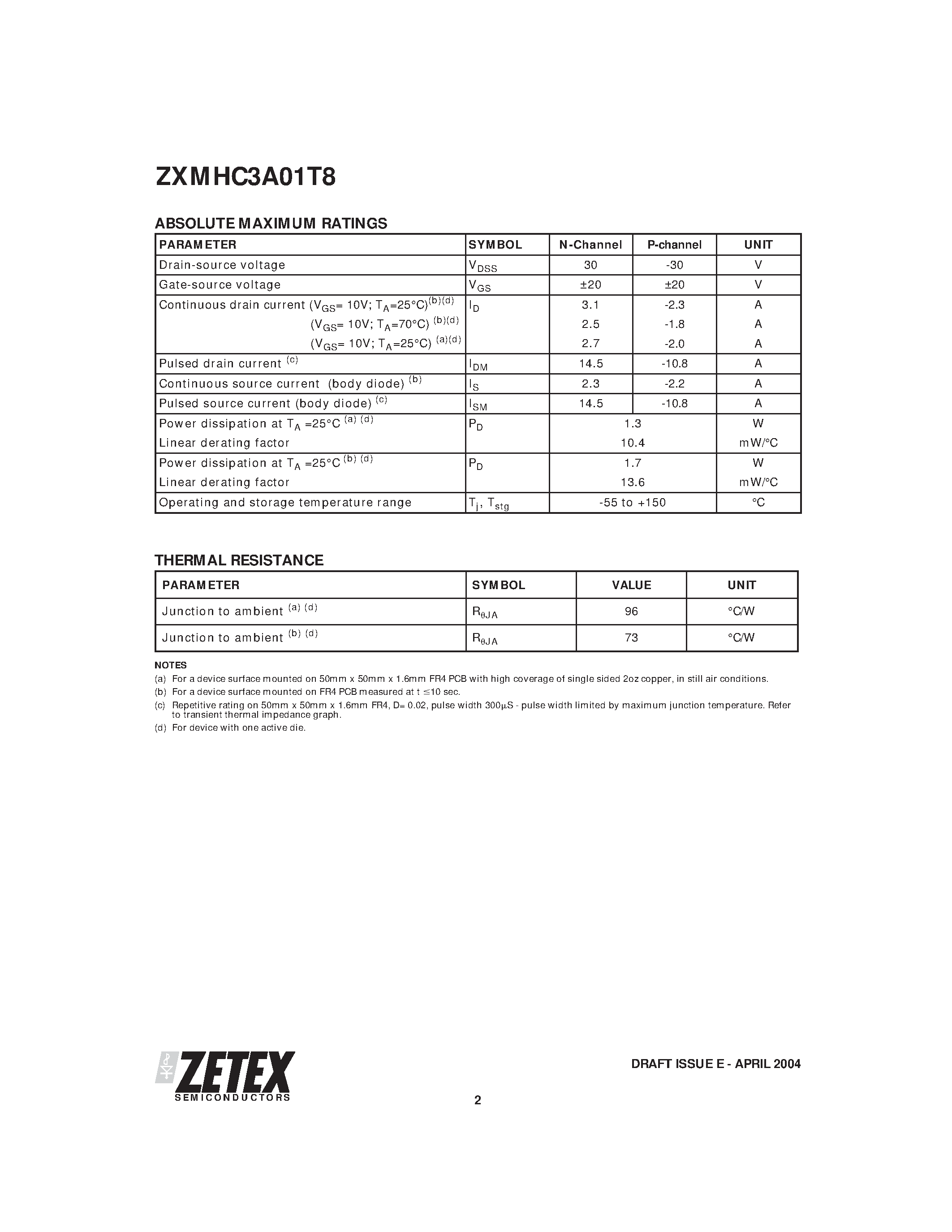 Даташит ZXMHC3A01T8 - COMPLEMENTARY 30V ENHANCEMENT MODE MOSFET H-BRIDGE страница 2