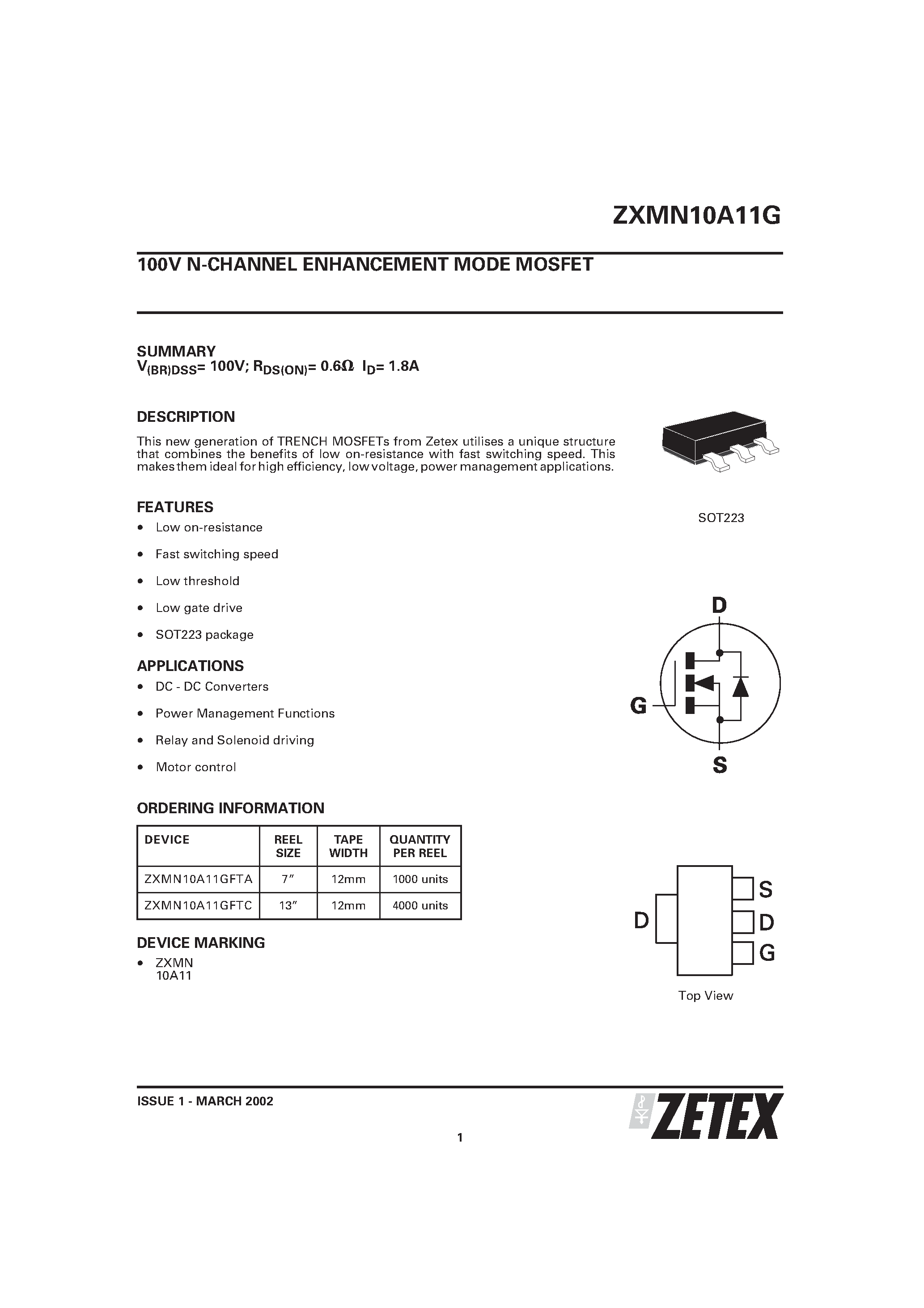 Datasheet ZXMN10A11G - 100V N-CHANNEL ENHANCEMENT MODE MOSFET page 1