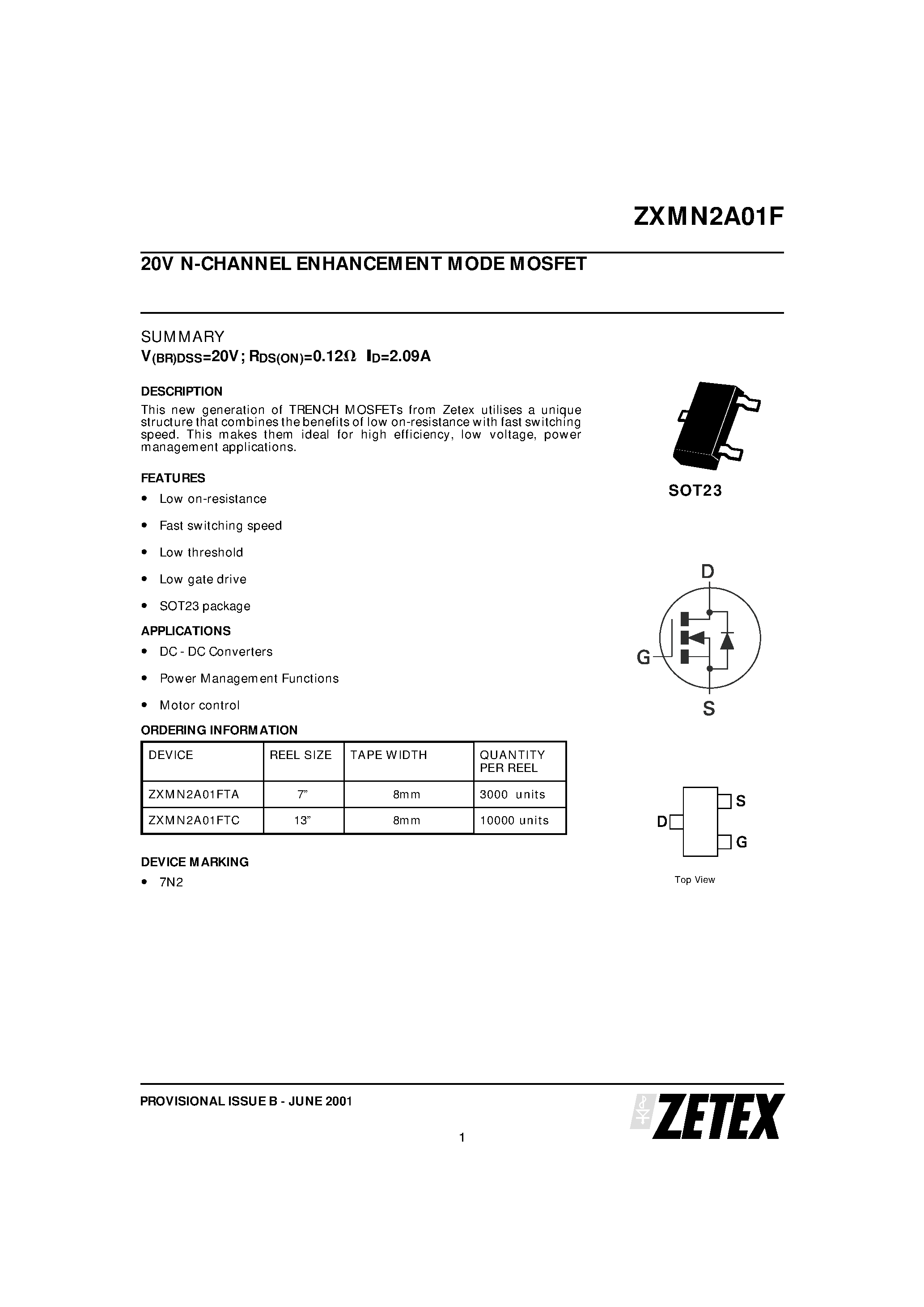 Datasheet ZXMN2A01 - 20V N-CHANNEL ENHANCEMENT MODE MOSFET page 1