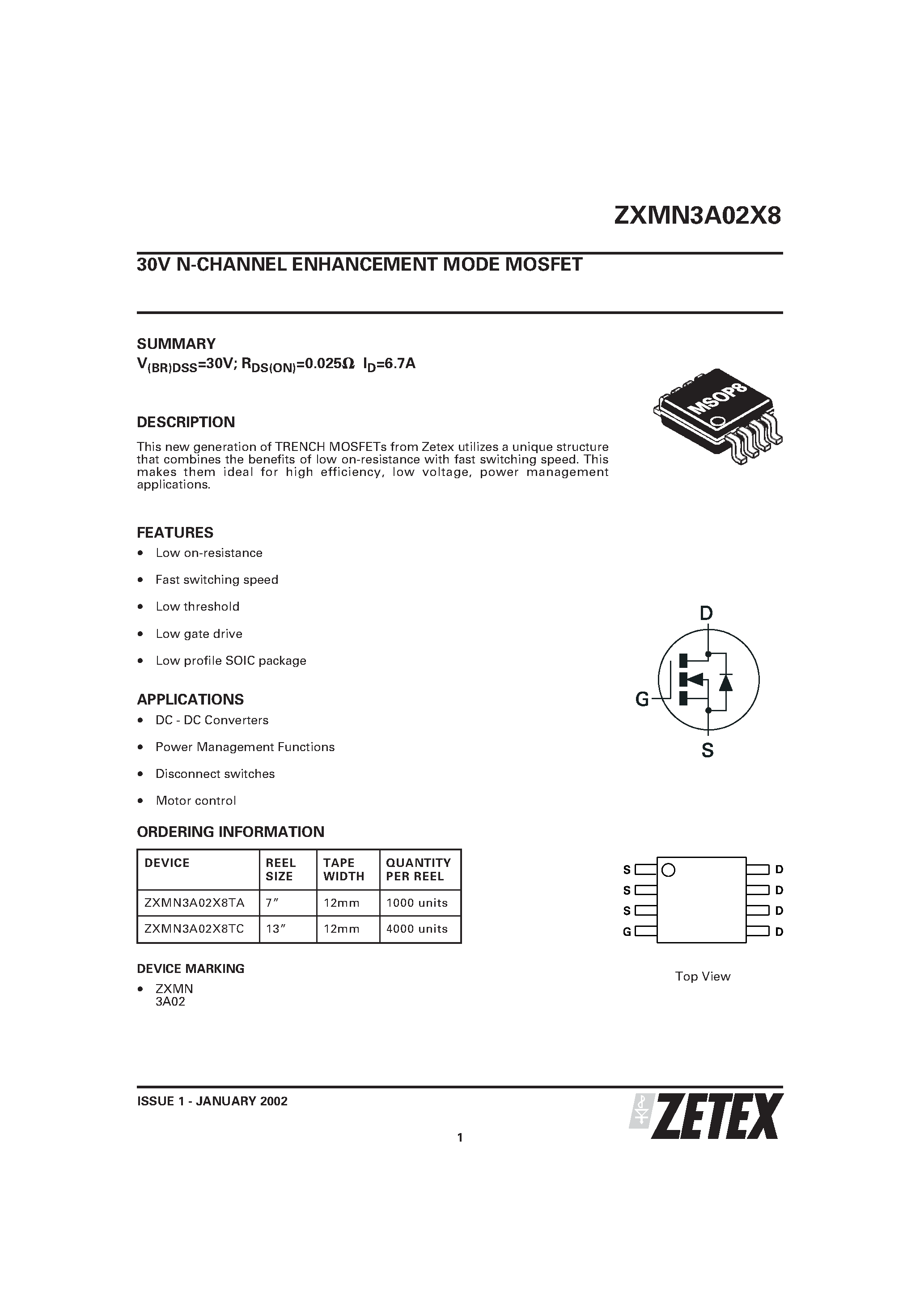 Даташит ZXMN3A02X8 - 30V N-CHANNEL ENHANCEMENT MODE MOSFET страница 1