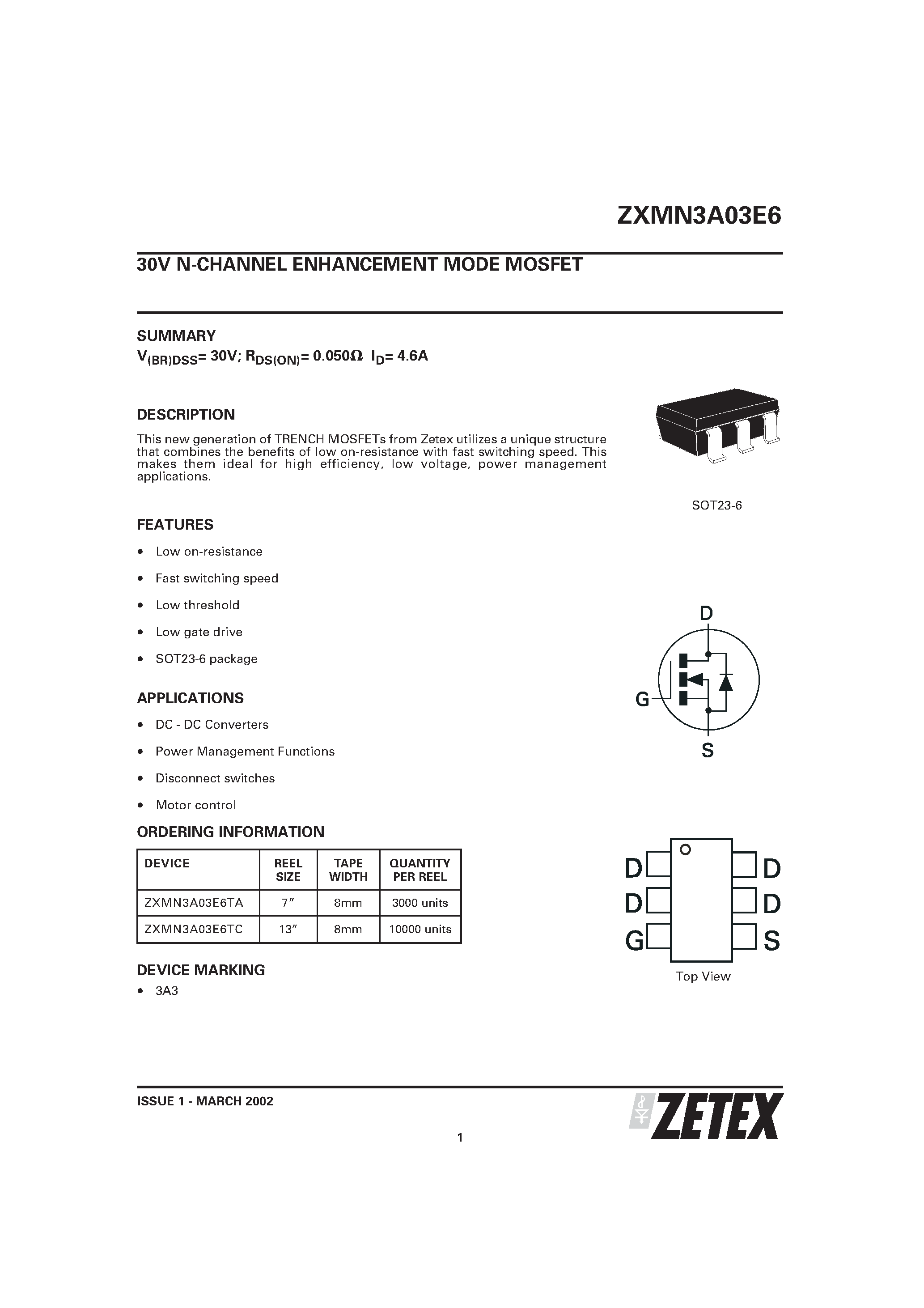 Даташит ZXMN3A03E6 - 30V N-CHANNEL ENHANCEMENT MODE MOSFET страница 1