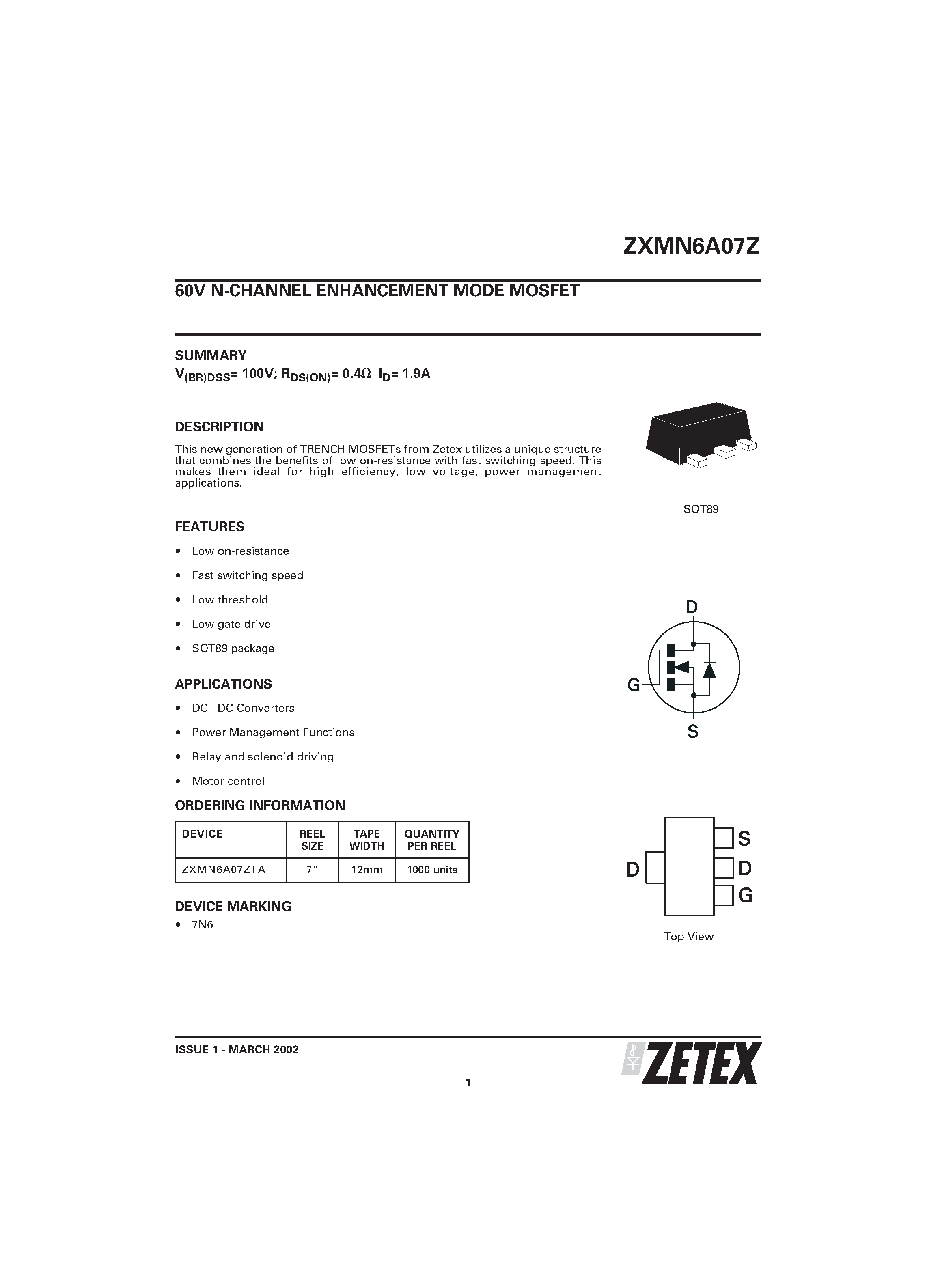 Даташит ZXMN6A07Z - 60V N-CHANNEL ENHANCEMENT MODE MOSFET страница 1