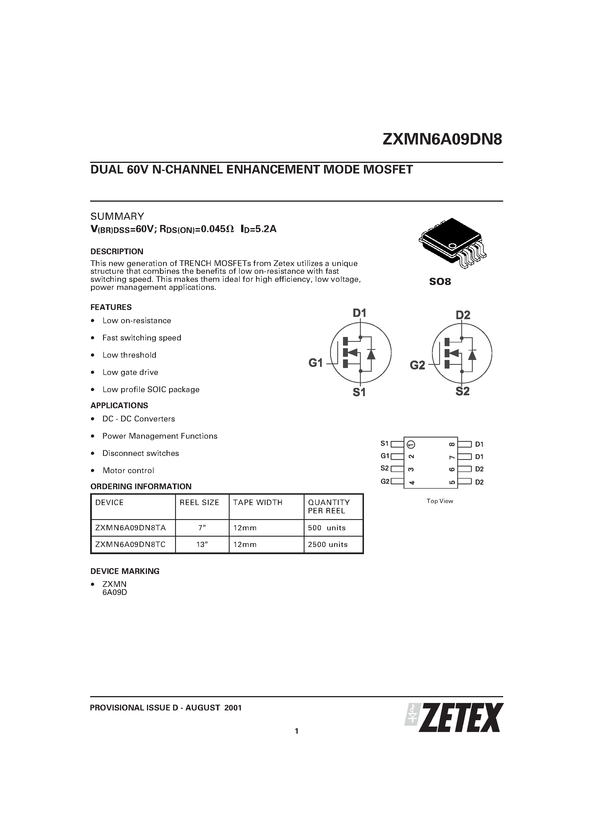 Даташит ZXMN6A09DN8 - DUAL 60V N-CHANNEL ENHANCEMENT MODE MOSFET страница 1