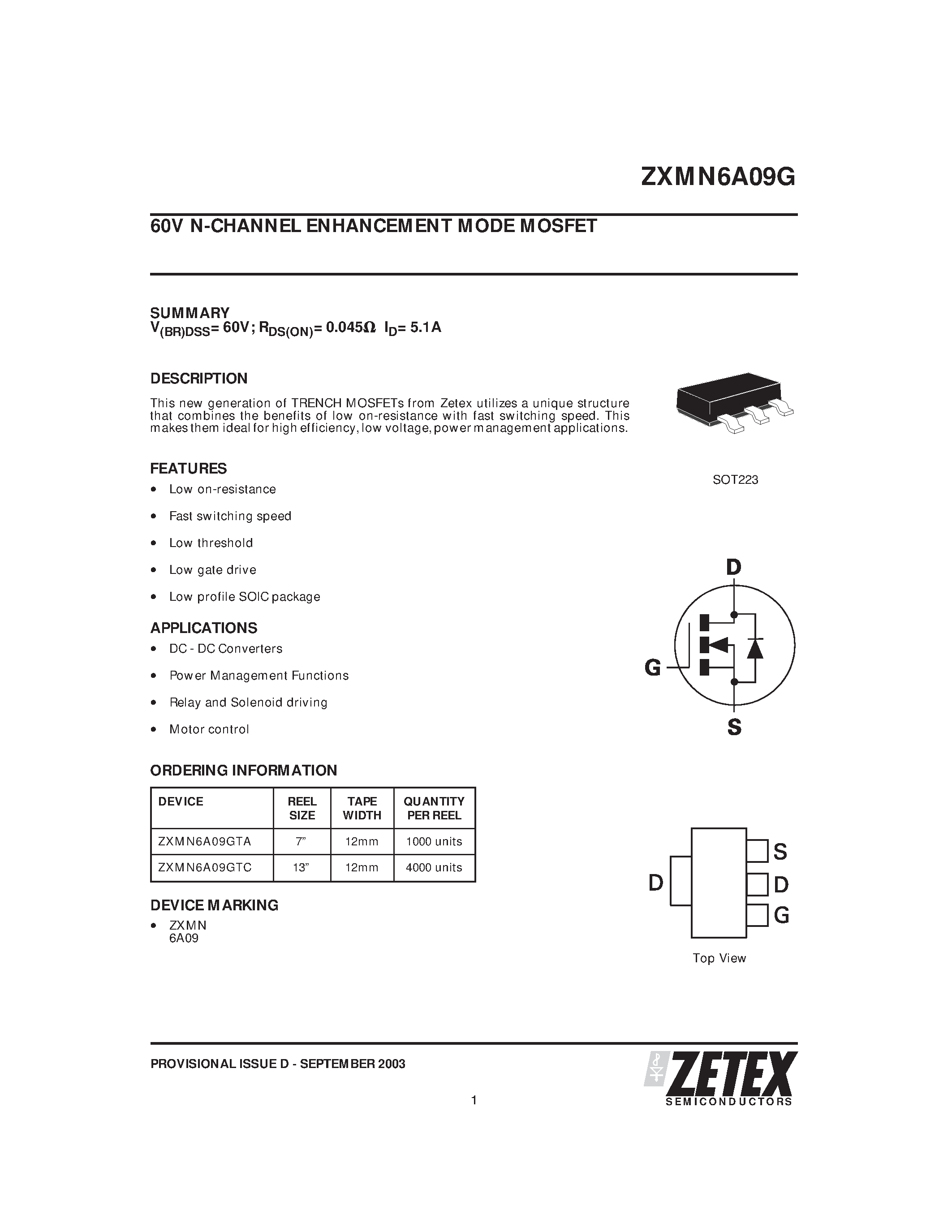 Даташит ZXMN6A09G - 60V N-CHANNEL ENHANCEMENT MODE MOSFET страница 1