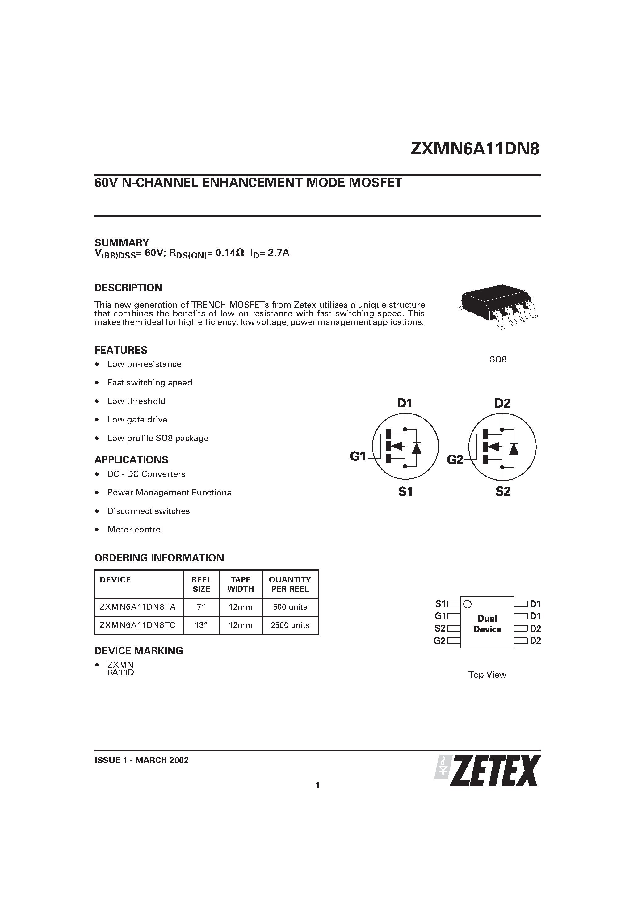 Даташит ZXMN6A11DN8 - 60V N-CHANNEL ENHANCEMENT MODE MOSFET страница 1