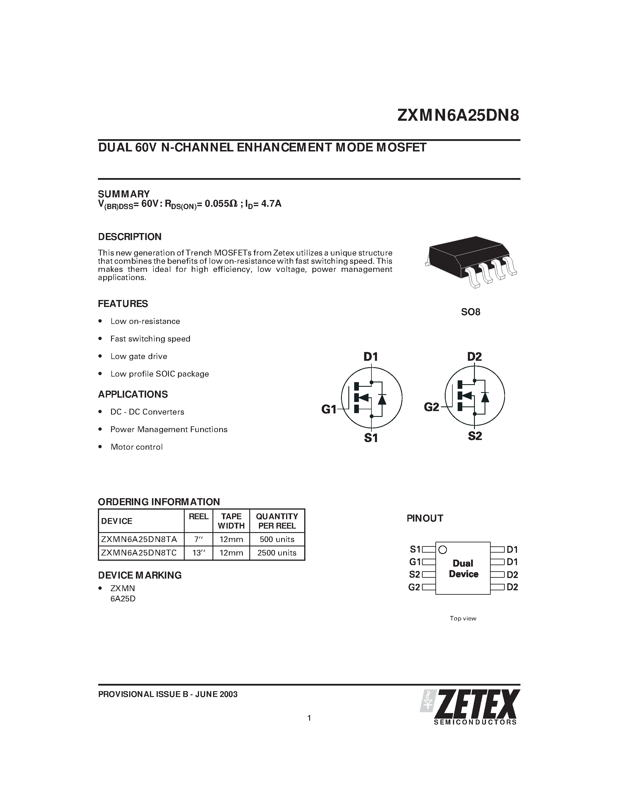 Даташит ZXMN6A25DN8 - DUAL 60V N-CHANNEL ENHANCEMENT MODE MOSFET страница 1