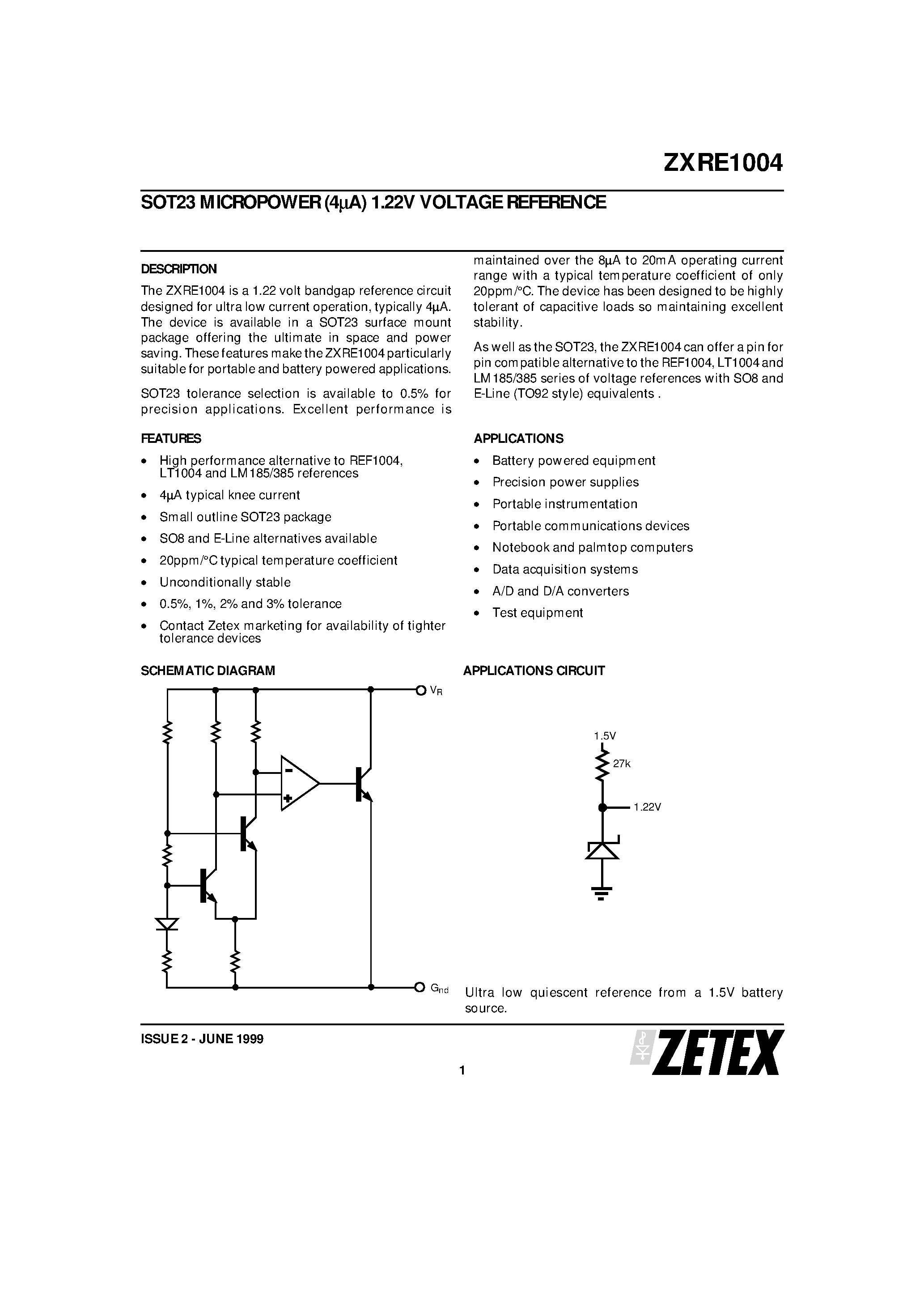 Datasheet ZXRE1004 - SOT23 MICROPOWER (4uA) 1.22V VOLTAGE REFERENCE page 1