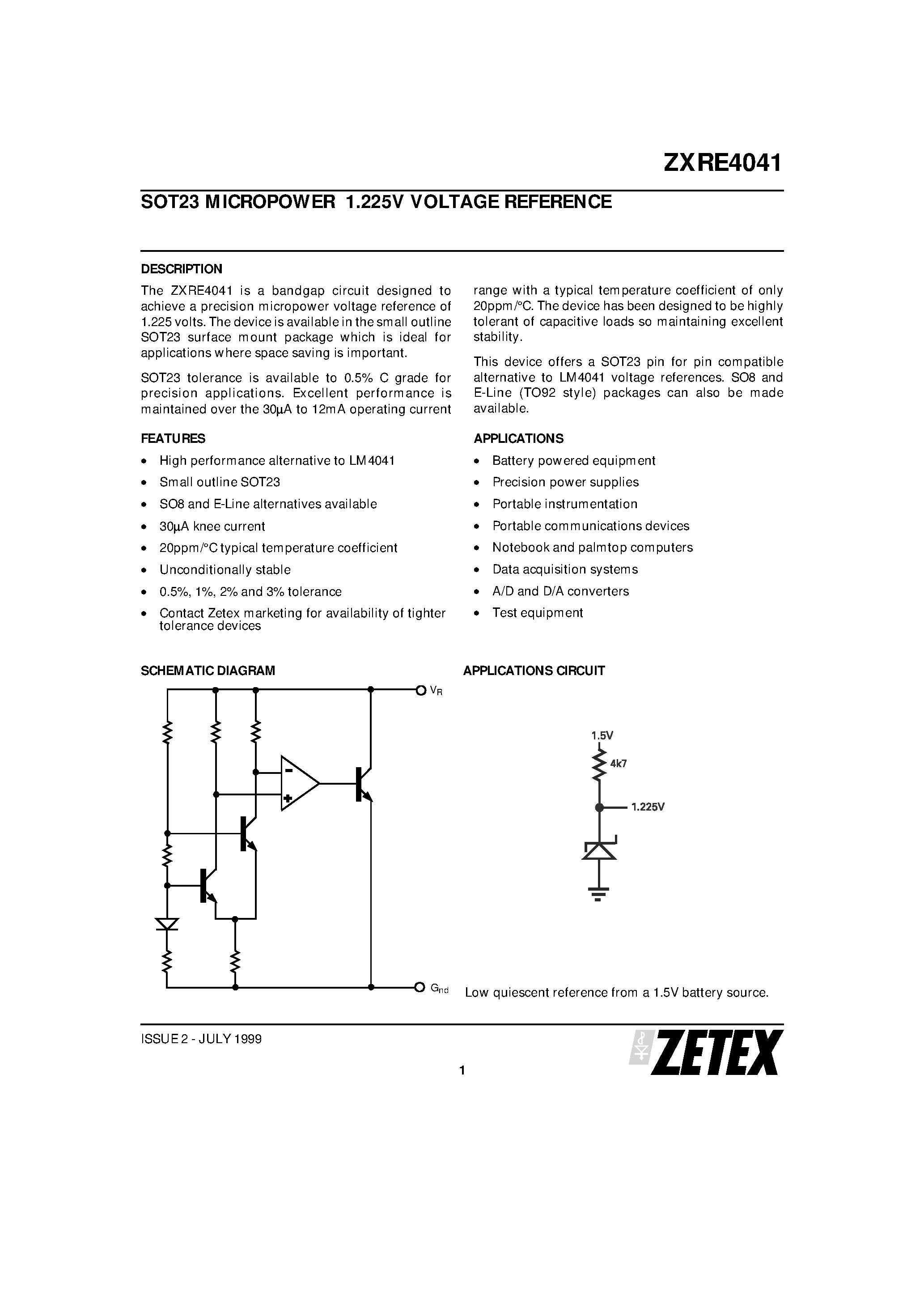 Datasheet ZXRE4041 - SOT23 MICROPOWER 1.225V VOLTAGE REFERENCE page 1