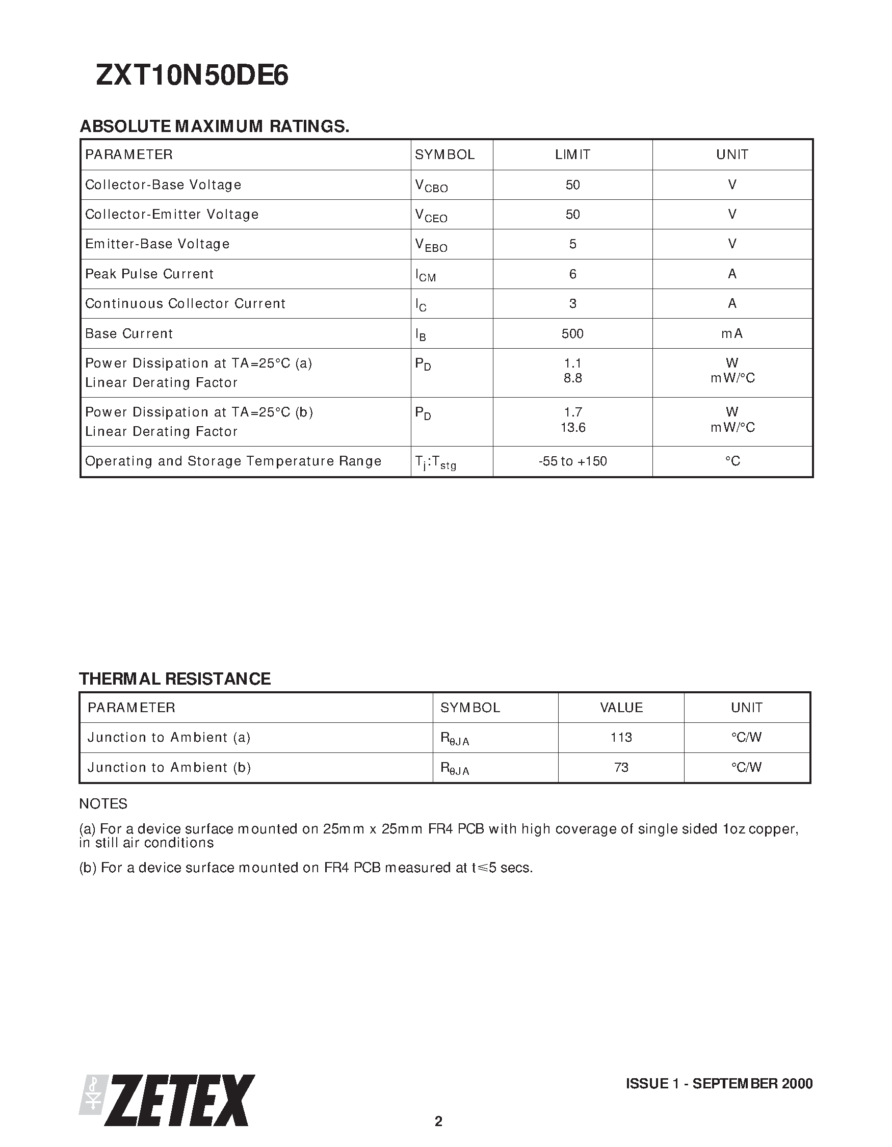 Даташит ZXT10N50DE6 - 50V NPN SILICON LOW SATURATION SWITCHING TRANSISTOR страница 2