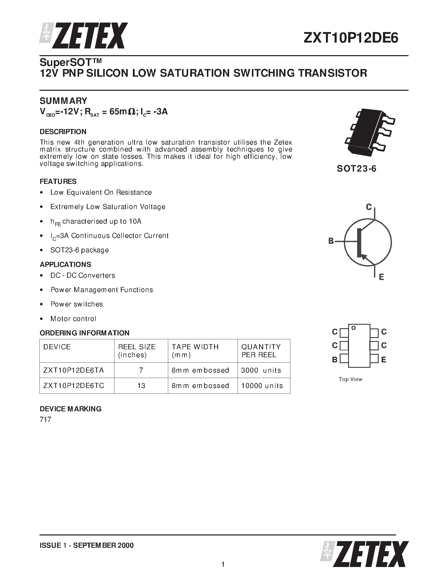Даташит ZXT10P12DE6 - 12V PNP SILICON LOW SATURATION SWITCHING TRANSISTOR страница 1