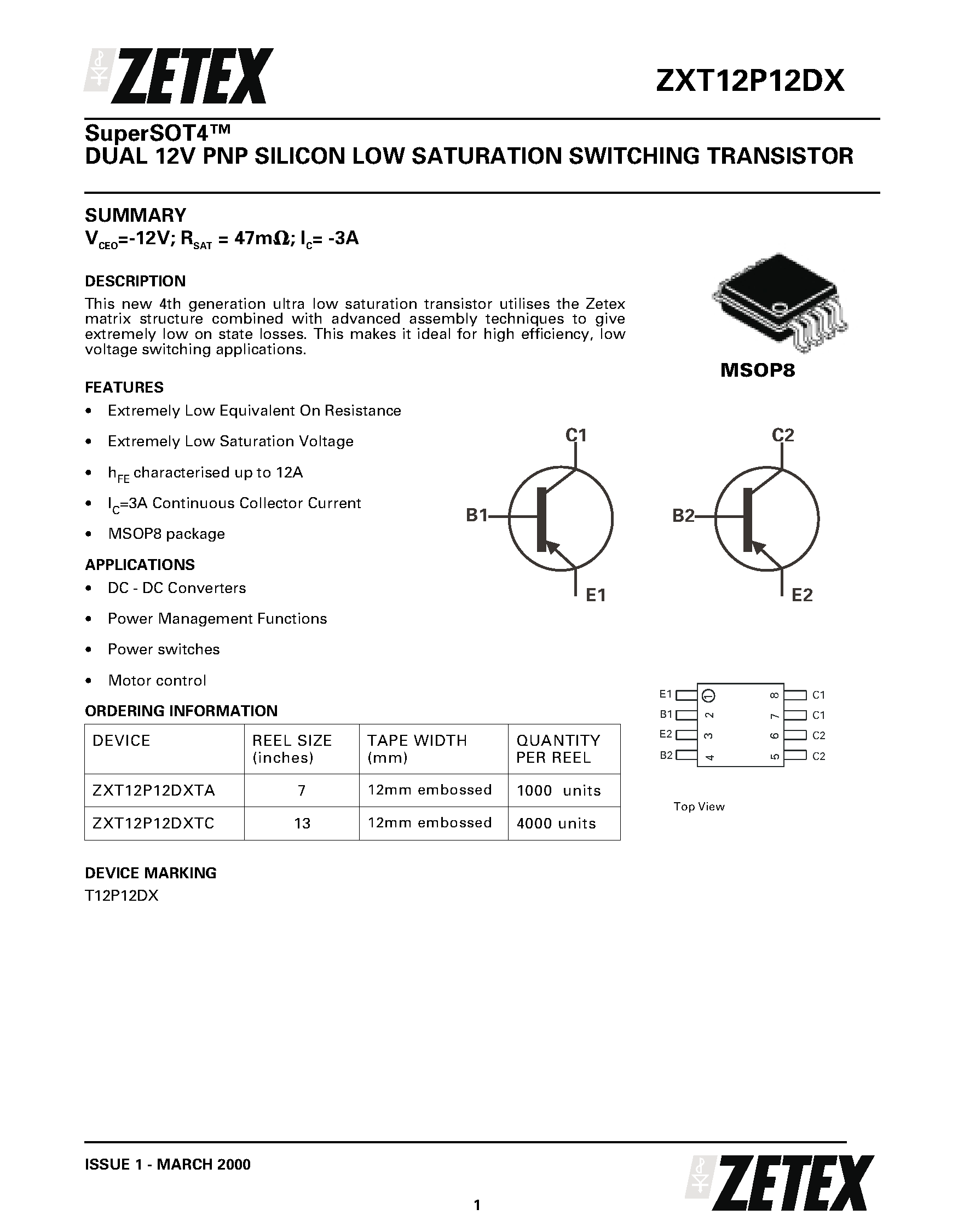 Даташит ZXT12P12DX - DUAL 12V PNP SILICON LOW SATURATION SWITCHING TRANSISTOR страница 1
