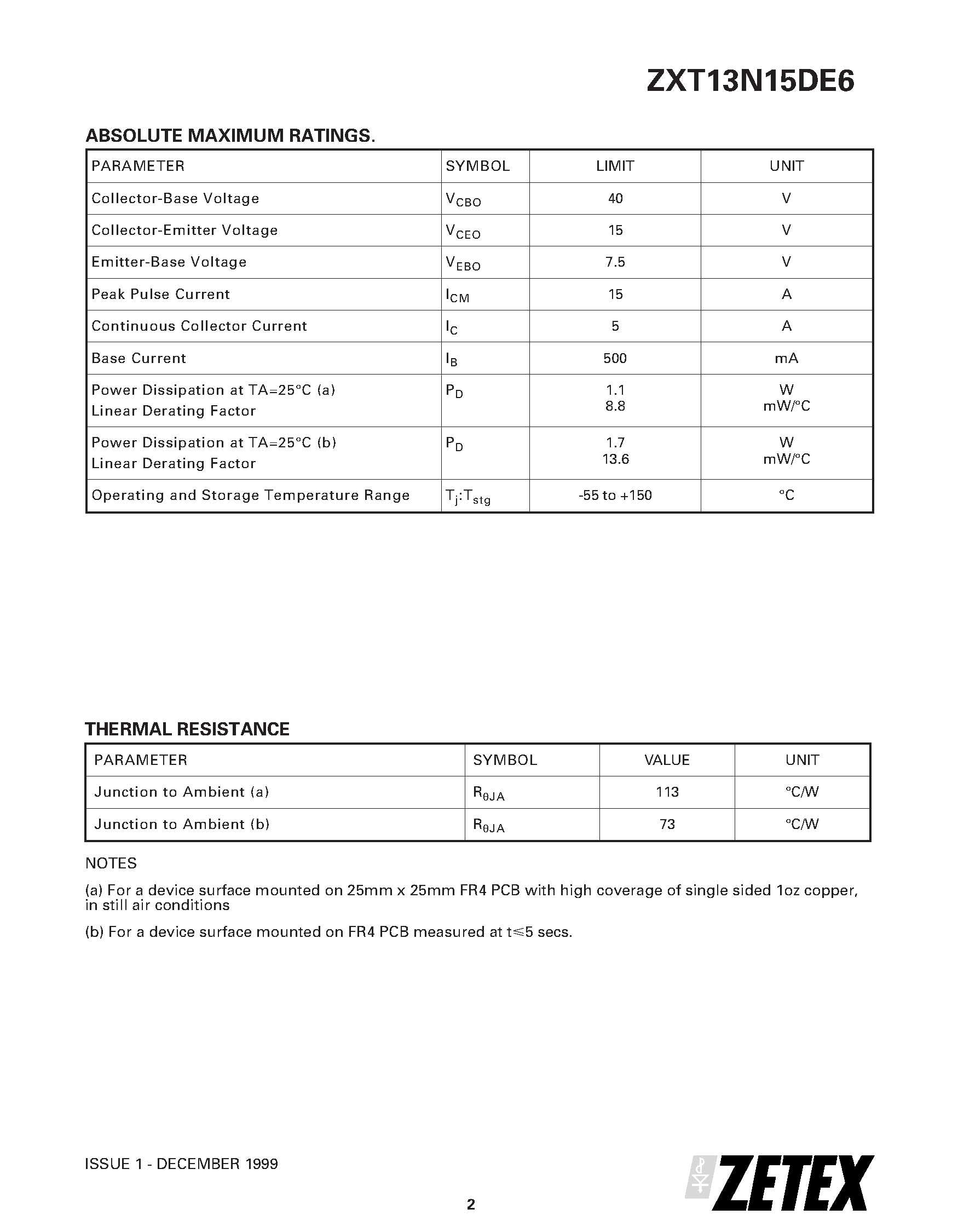 Даташит ZXT13N15DE6 - 15V NPN SILICON LOW SATURATION SWITCHING TRANSISTOR страница 2