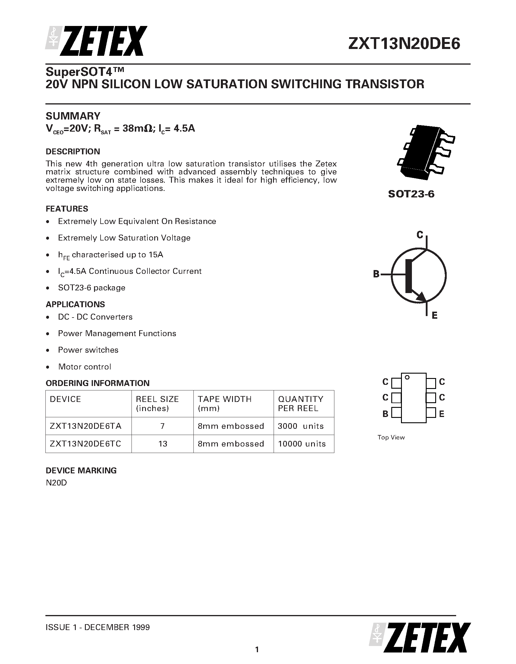Даташит ZXT13N20DE6 - 20V NPN SILICON LOW SATURATION SWITCHING TRANSISTOR страница 1